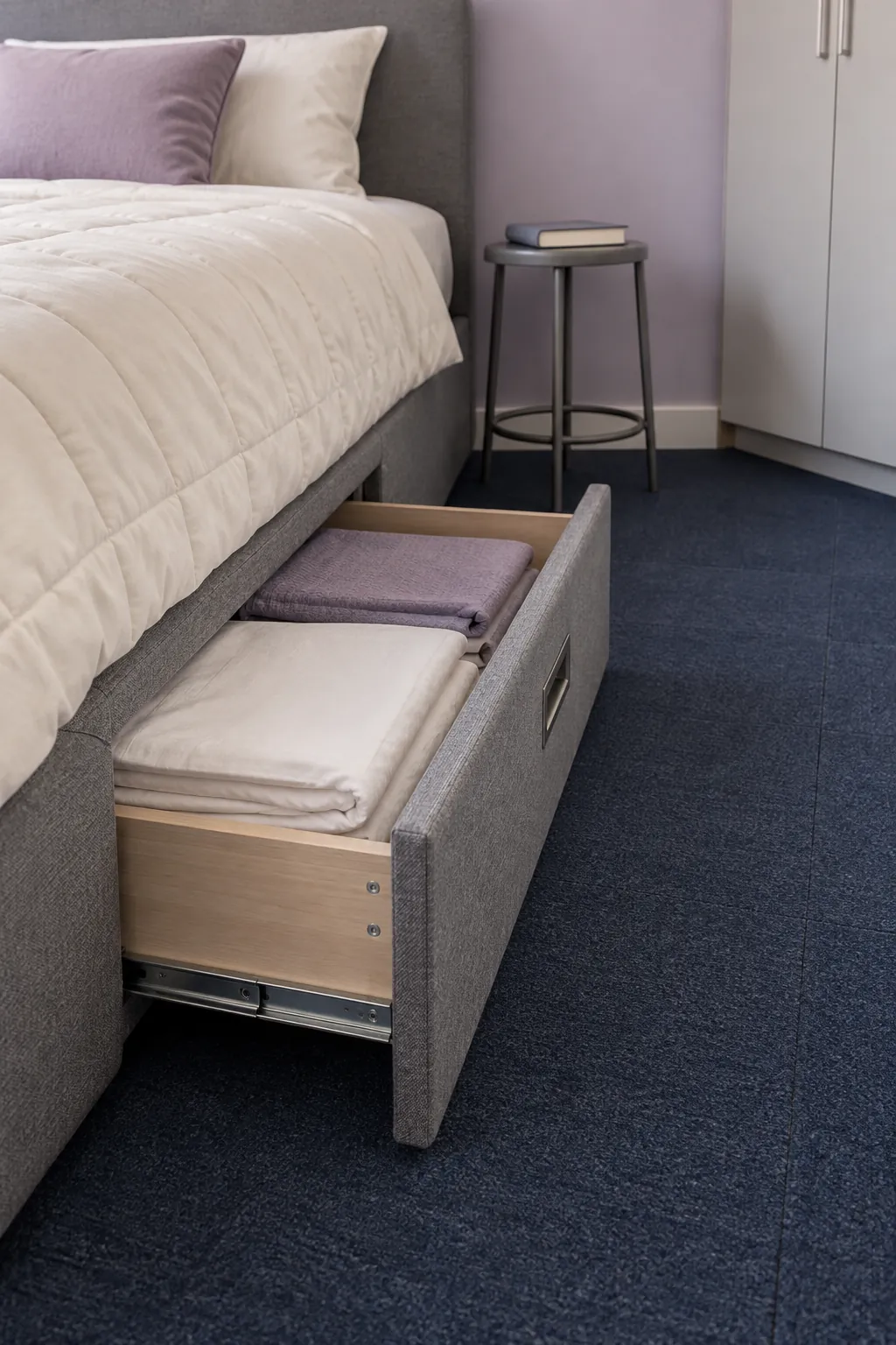 Underbed drawer opening into clear floor space in a compact studio