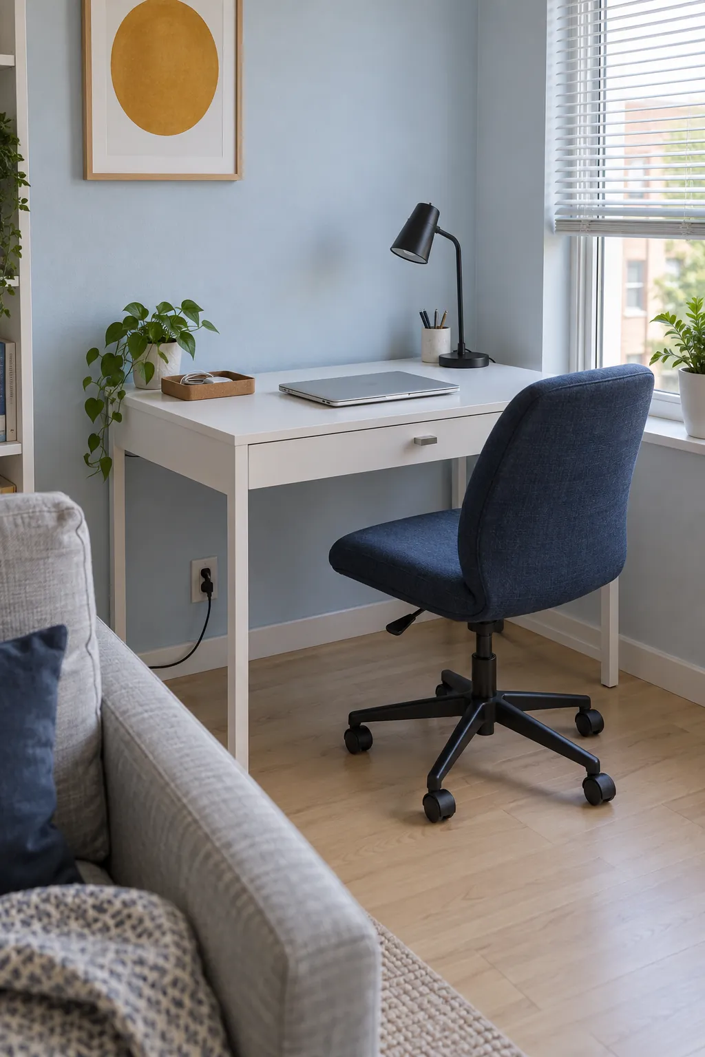 Studio desk with side daylight, chair clearance, and a contained cable route