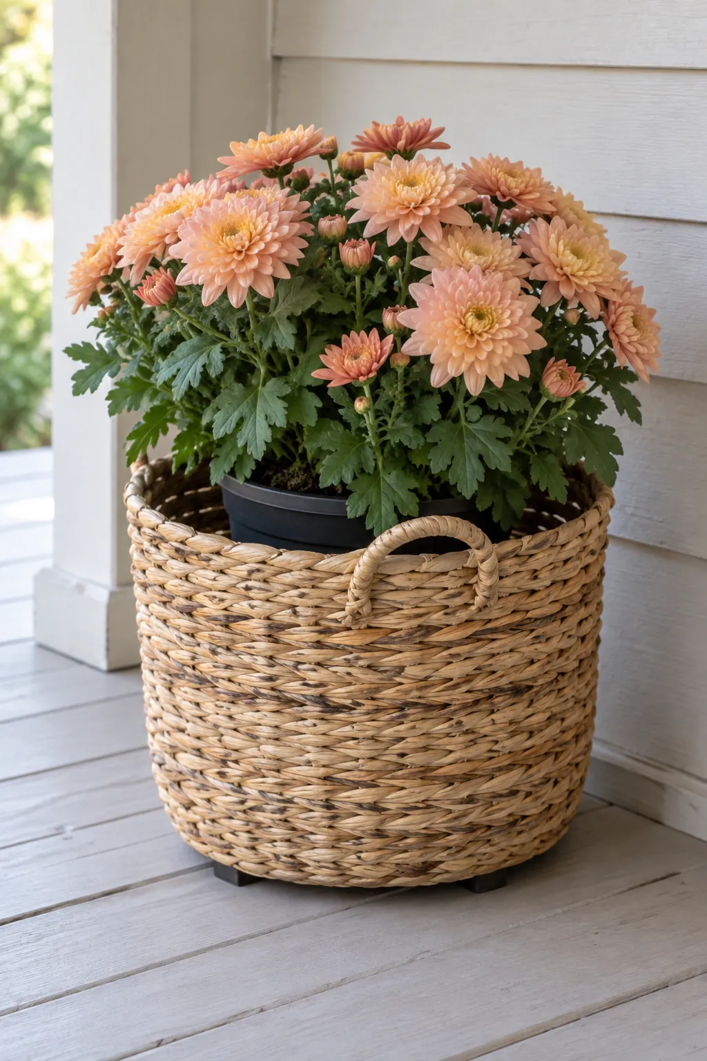 A removable basket cover under the roof with fall mums on a front porch