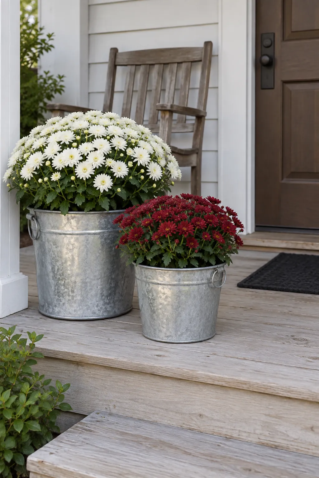 Galvanized containers for a simple farmhouse porch with fall mums on a front porch