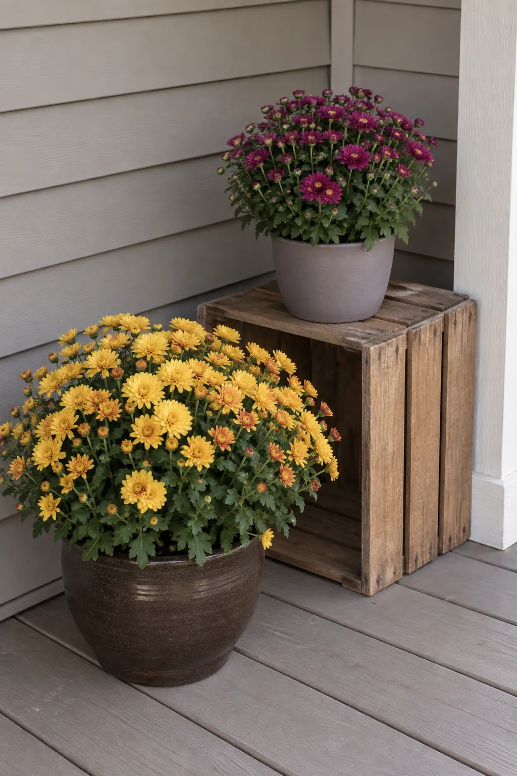 A wooden crate used as a stable side platform with fall mums on a front porch