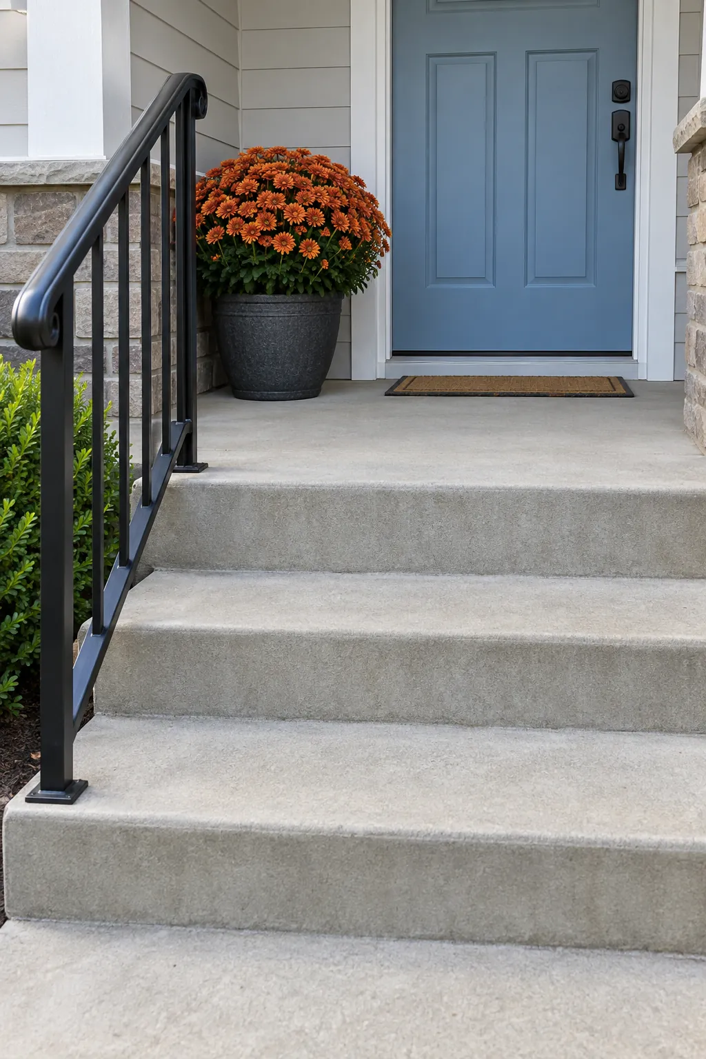 A flower display beside an accessible handrail with fall mums on a front porch