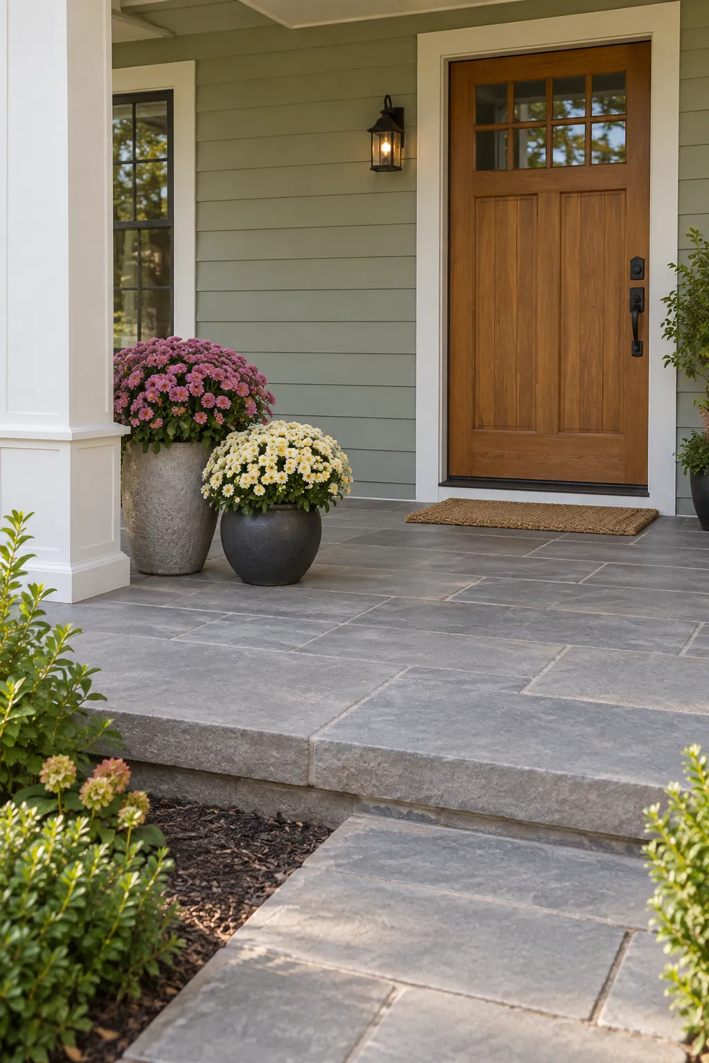 A wide landing with an off center flower group with fall mums on a front porch