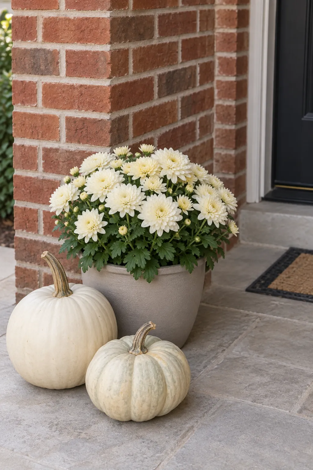 Cream flowers and pale pumpkins on brick with fall mums on a front porch