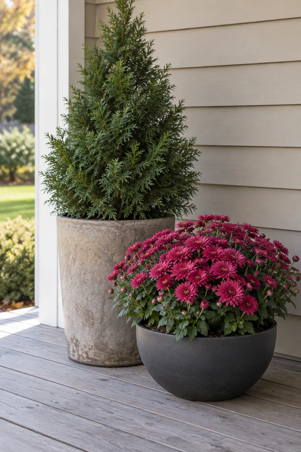 An evergreen backdrop with seasonal color in front with fall mums on a front porch