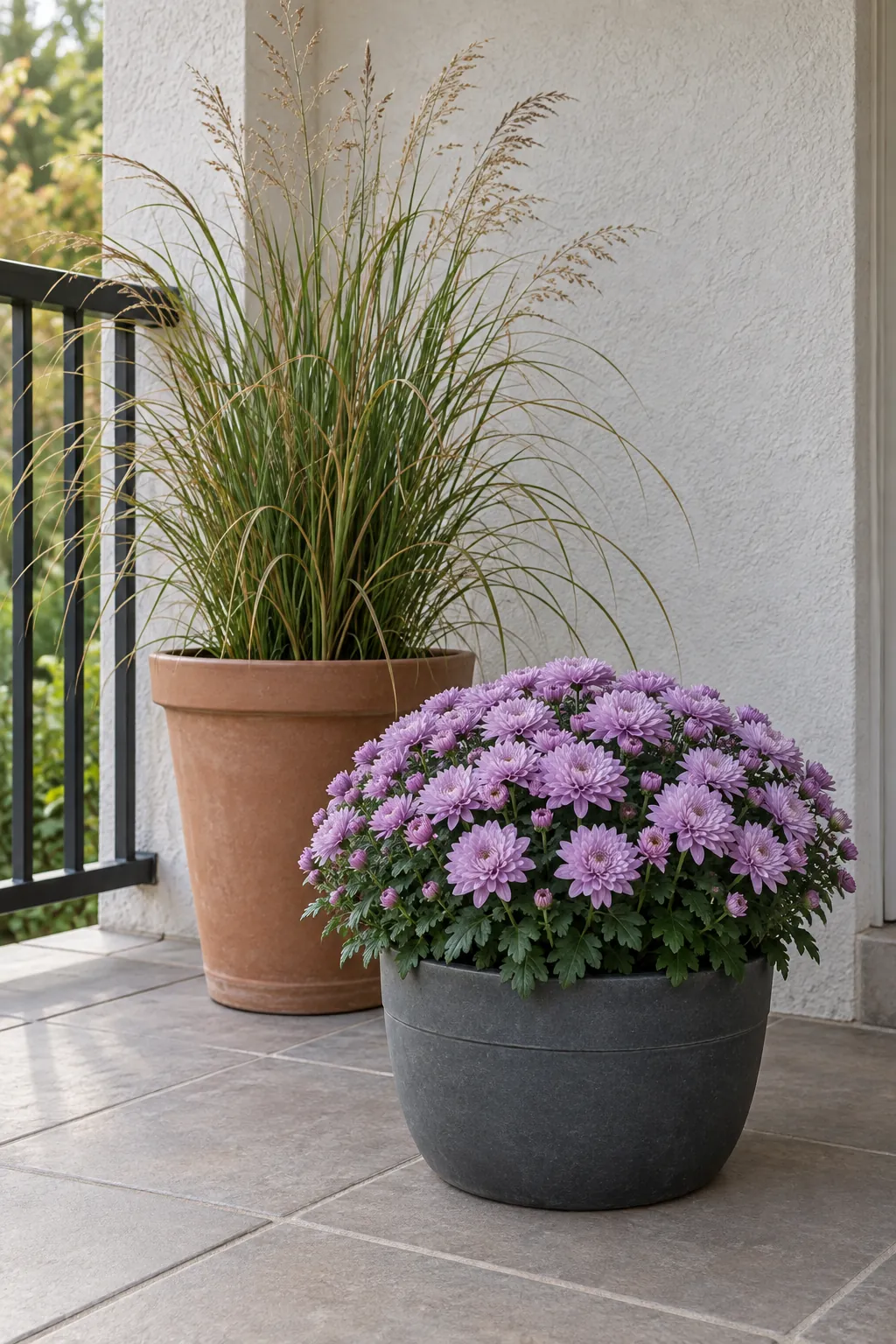 Ornamental grass behind a compact mum with fall mums on a front porch