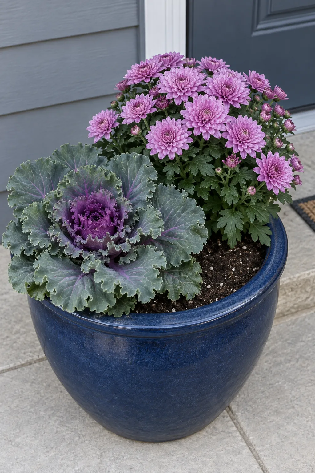 Decorative kale as a cool colored companion with fall mums on a front porch