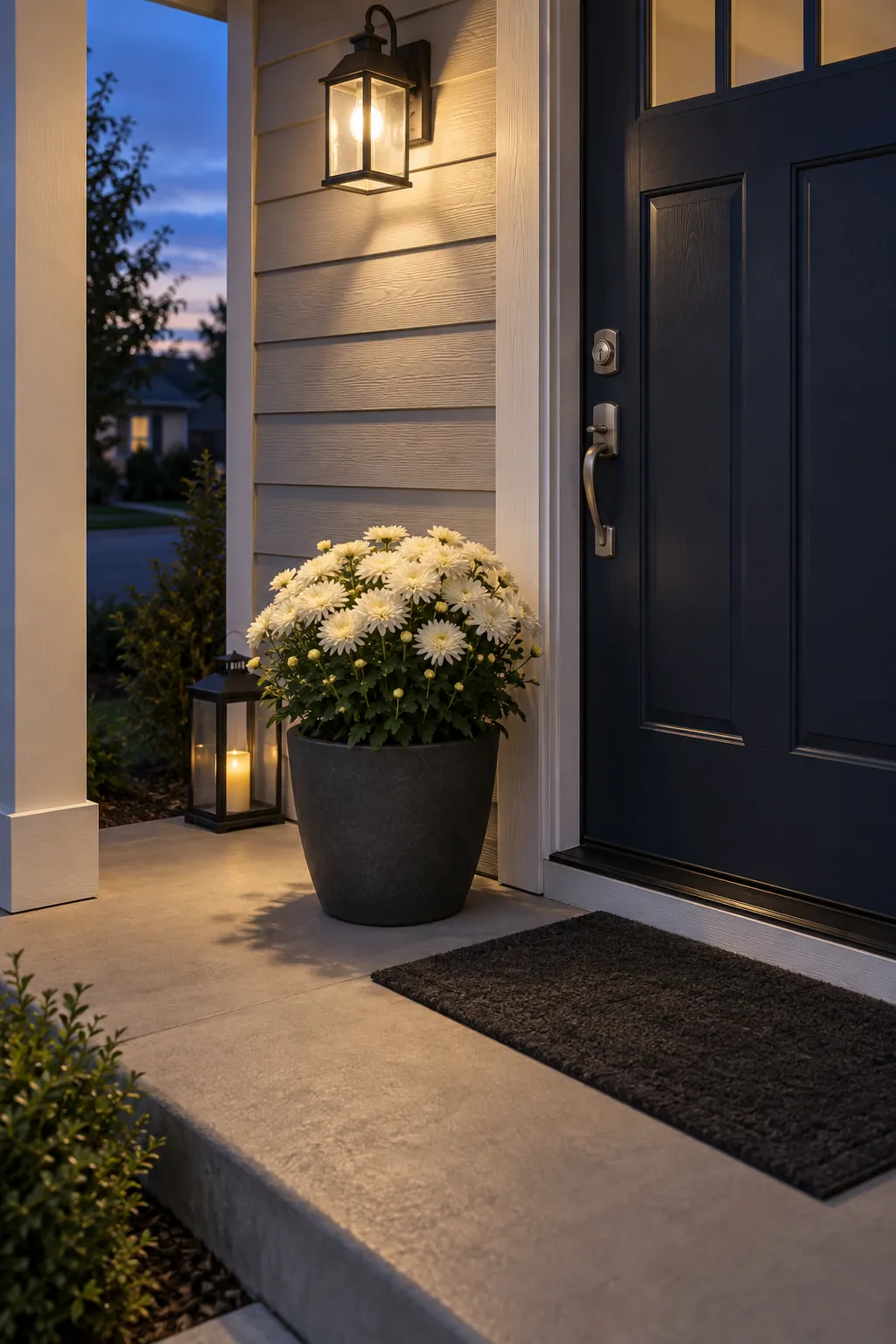 A dusk display near the porch light with fall mums on a front porch