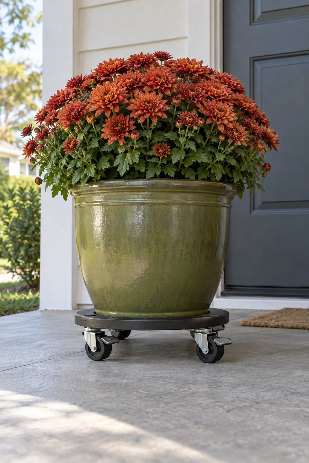 A portable display for changeable weather with fall mums on a front porch
