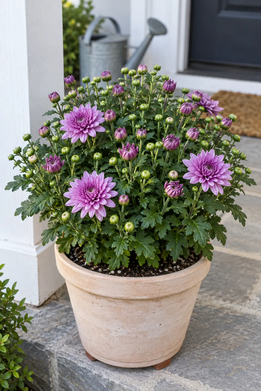 A bud rich display that changes through the season with fall mums on a front porch