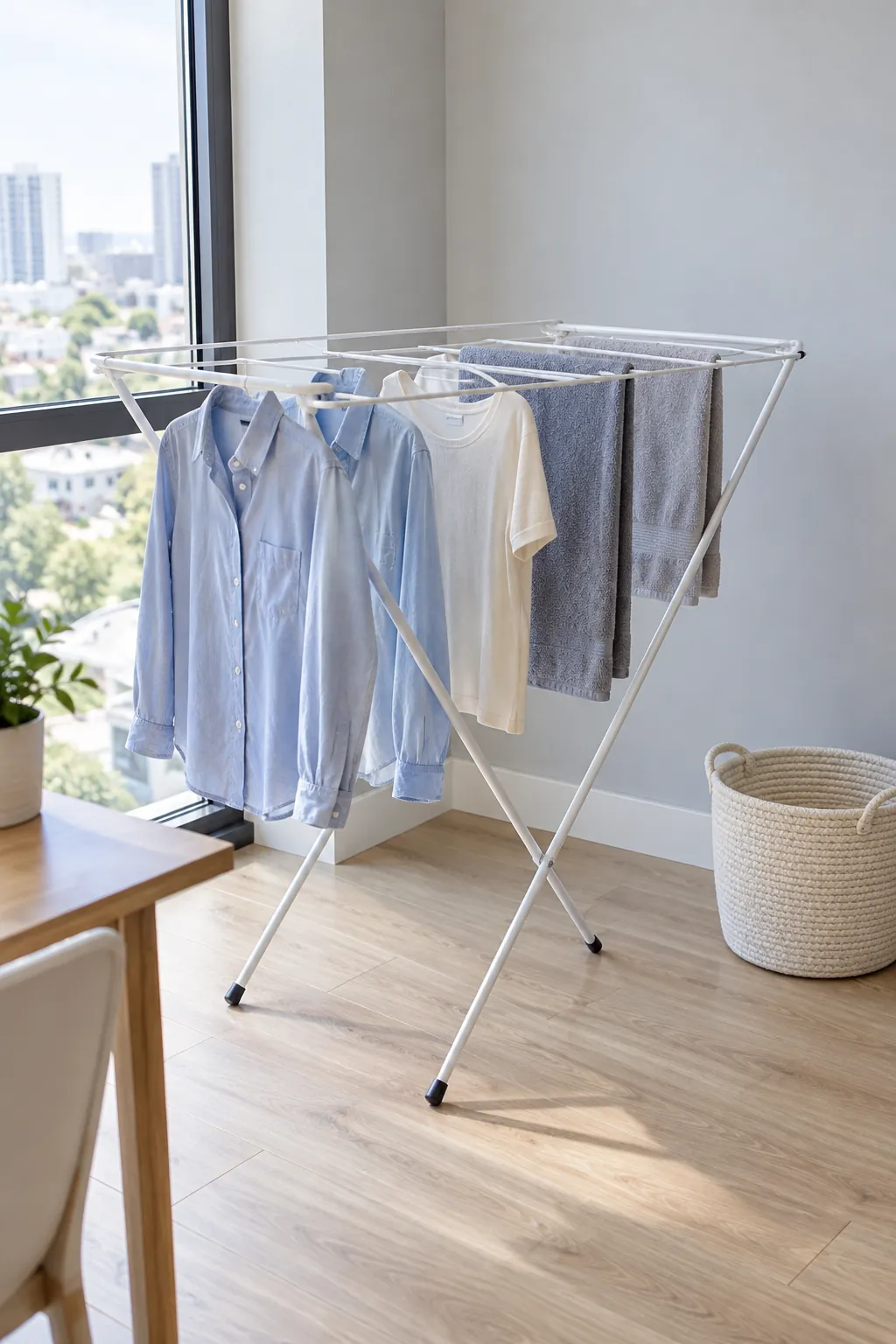Clothes drying on a spaced folding rack in a bright small apartment corner