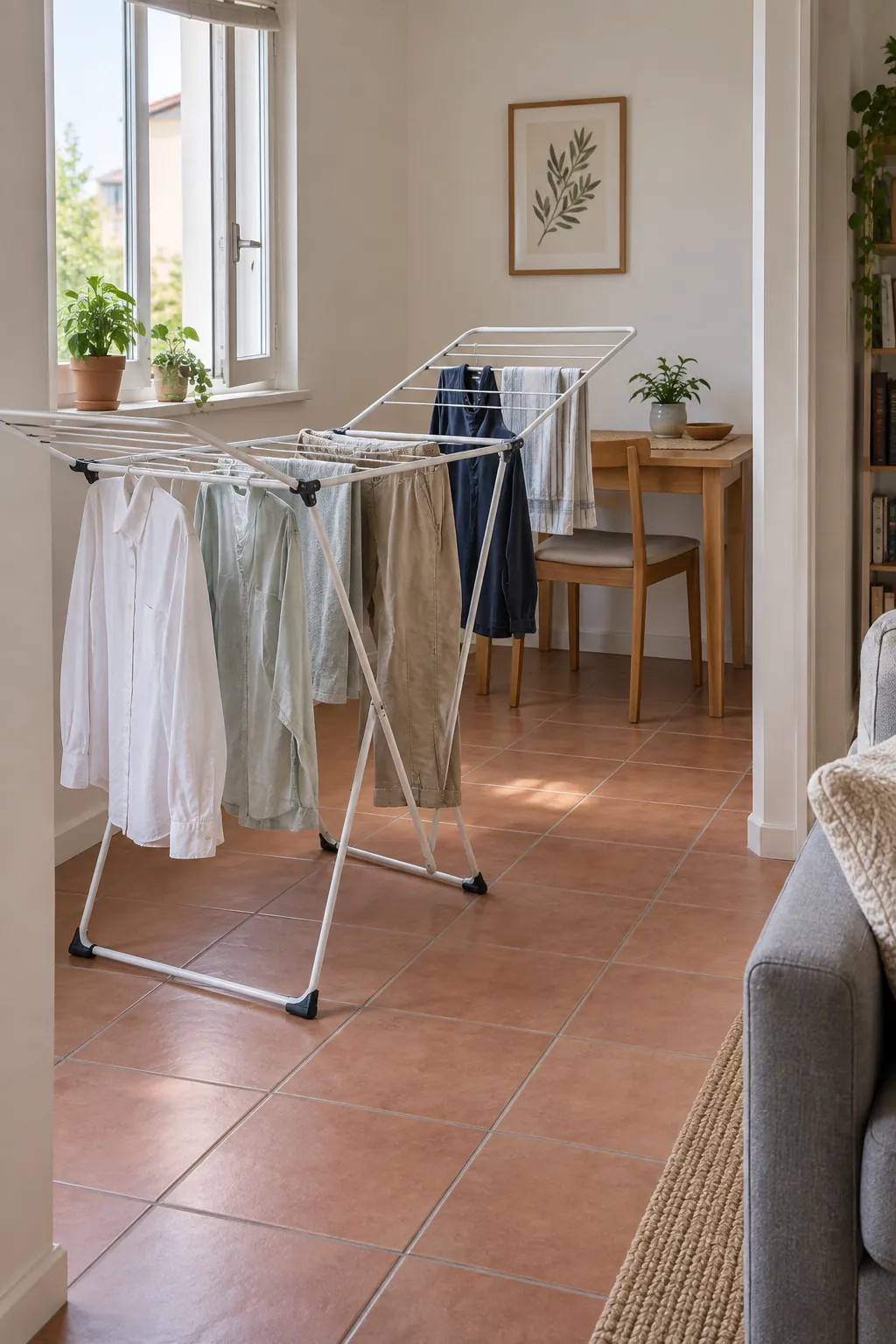 Folding clothes rack placed in a ventilated apartment alcove away from the walking route
