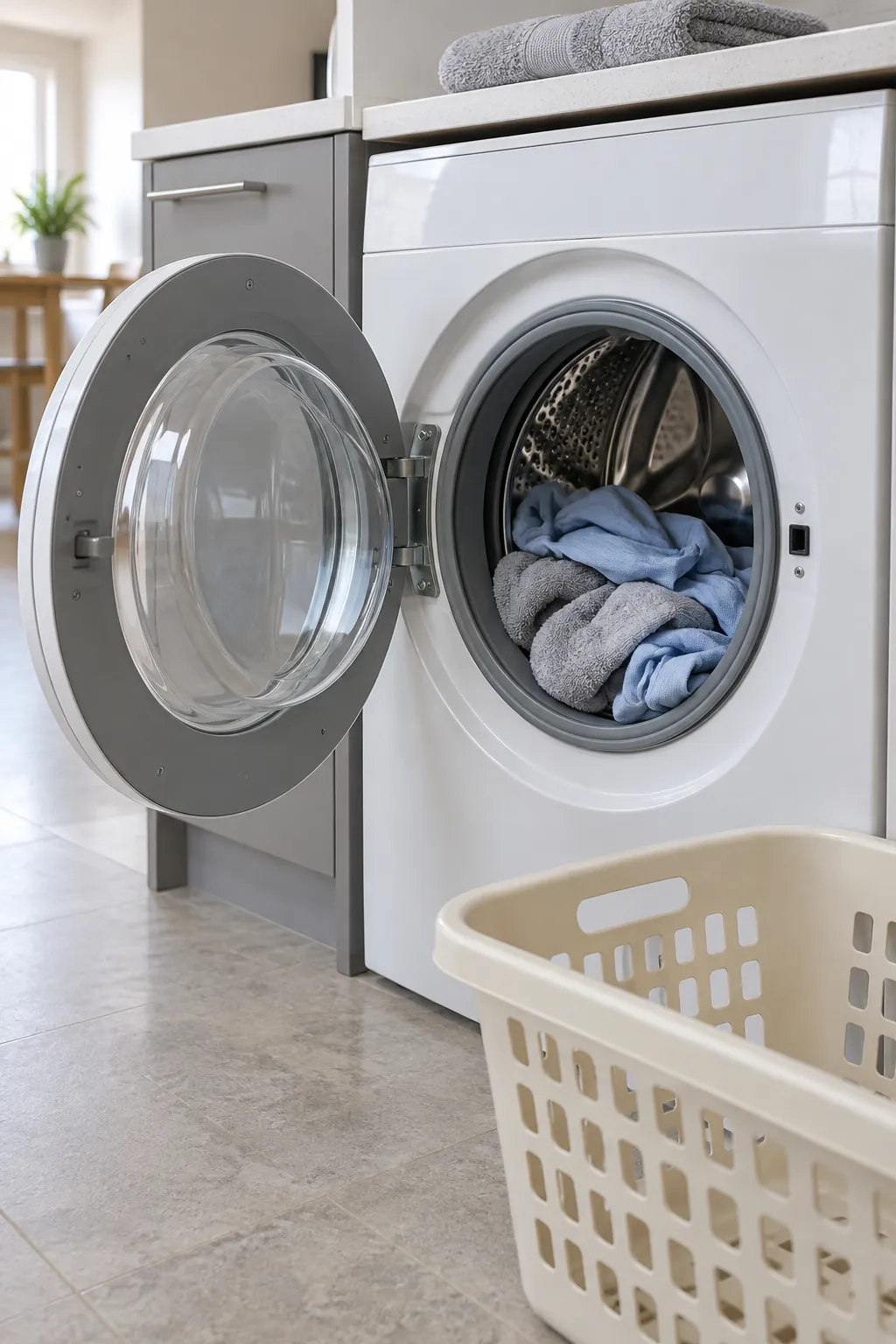 Freshly spun laundry ready to be removed from an apartment washing machine