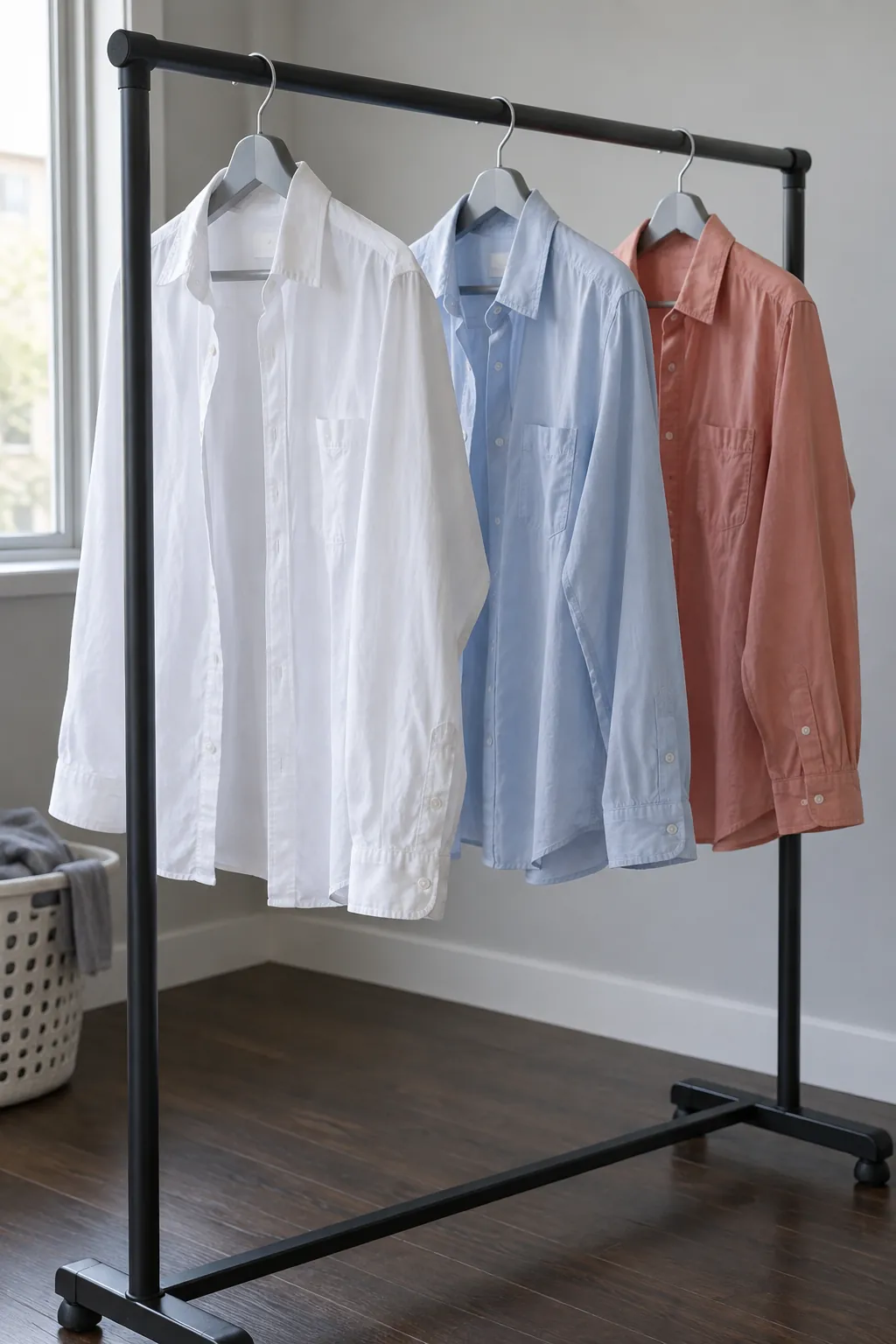 Lightweight shirts spaced apart on a sturdy freestanding drying rail