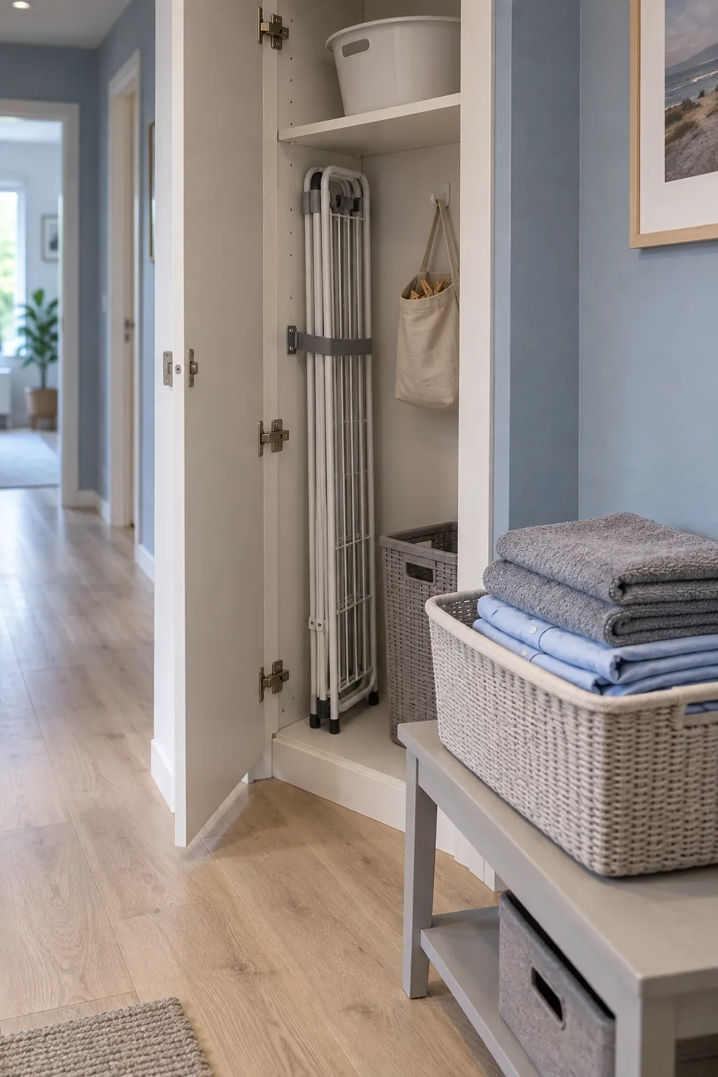 Dry folded laundry beside a safely stored folding rack in a small apartment