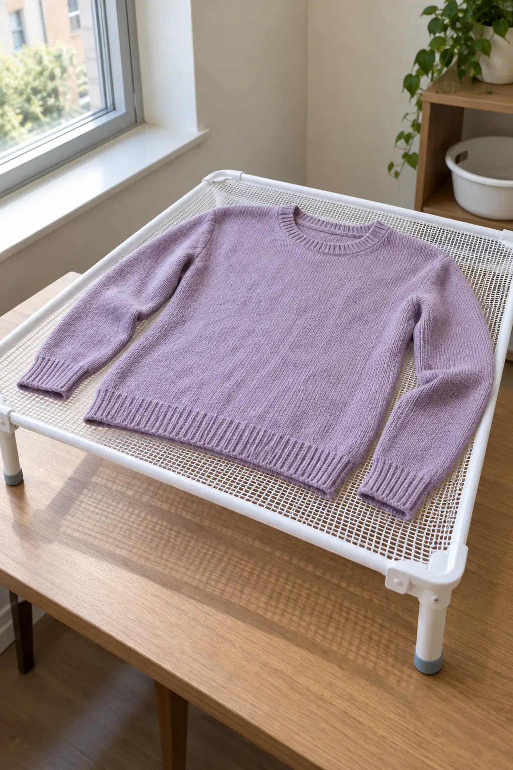 Sweater laid flat on a mesh drying surface with air space beneath