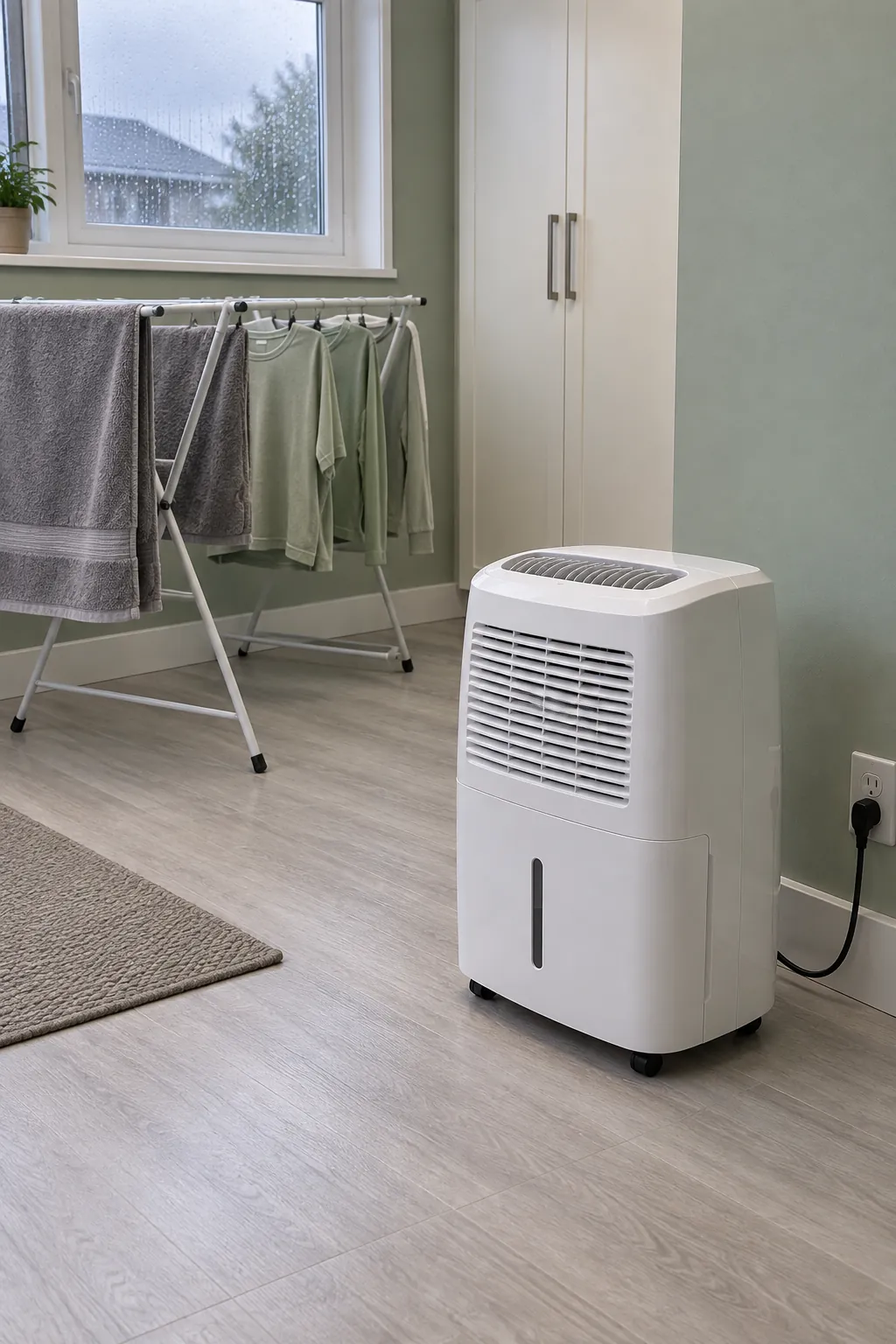 Dehumidifier beside a safely spaced drying rack in a dry apartment room