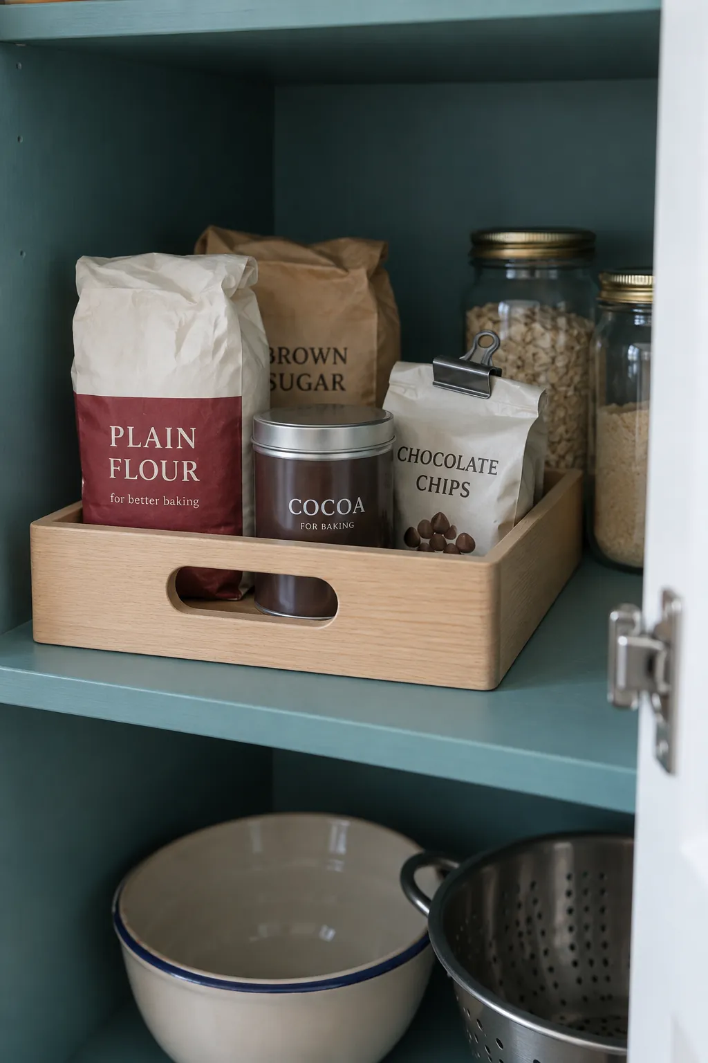 Removable pantry tray gathering packets on a deep shelf