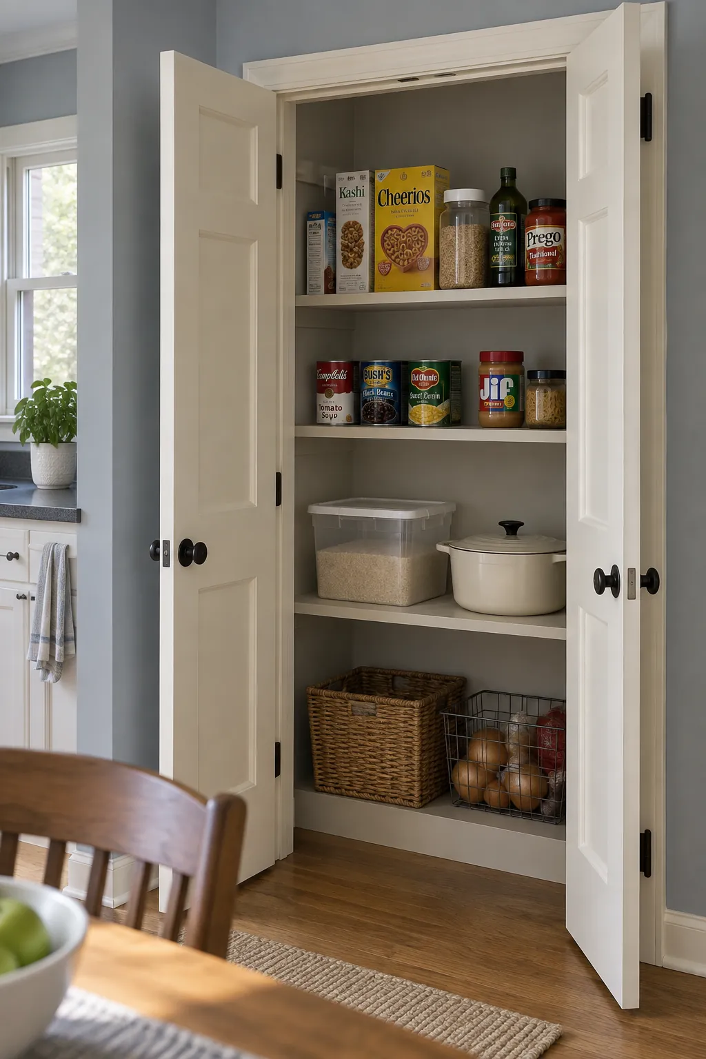 Closet pantry with shallow upper shelves and accessible groceries