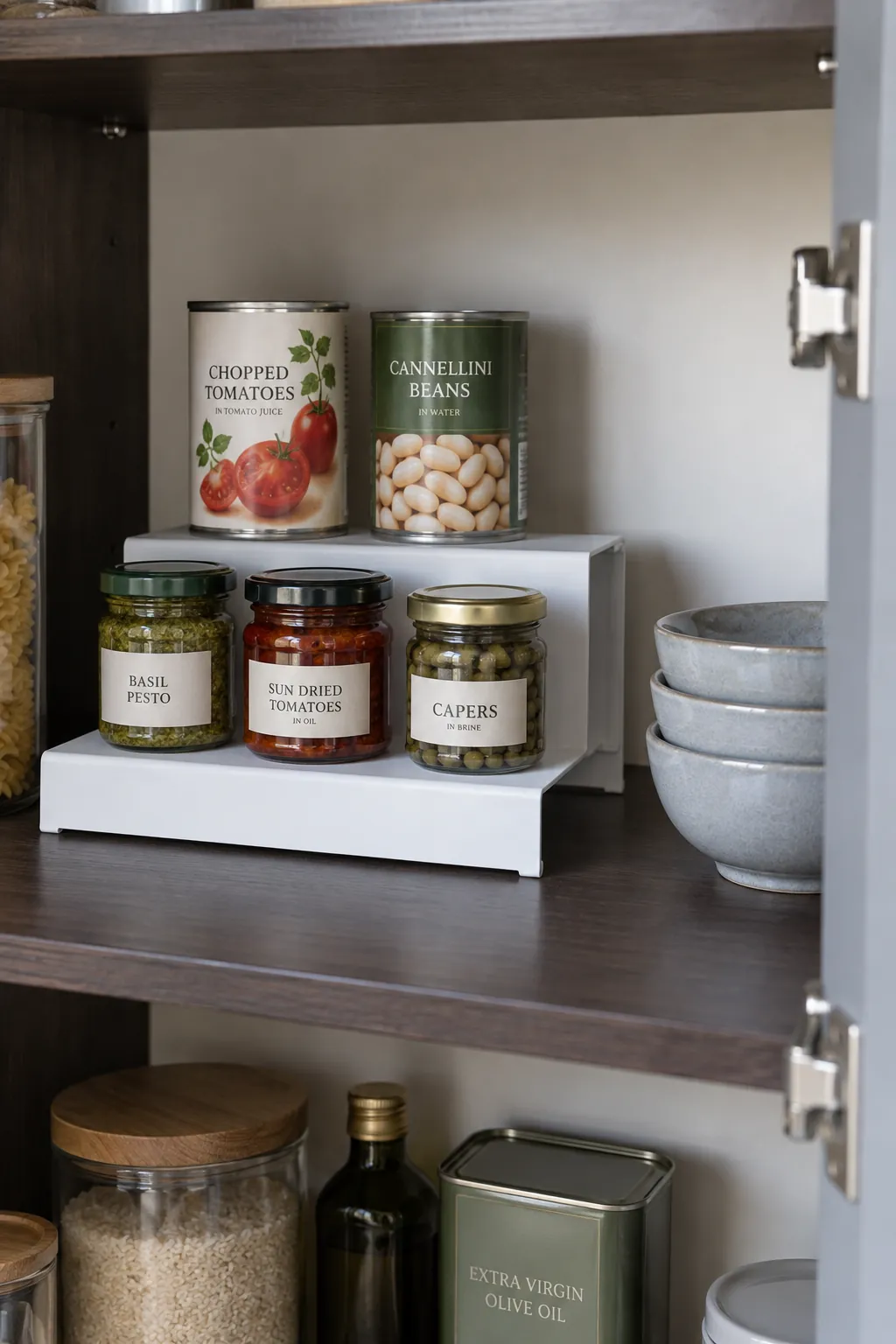 Small pantry shelf riser making two rows of tins visible