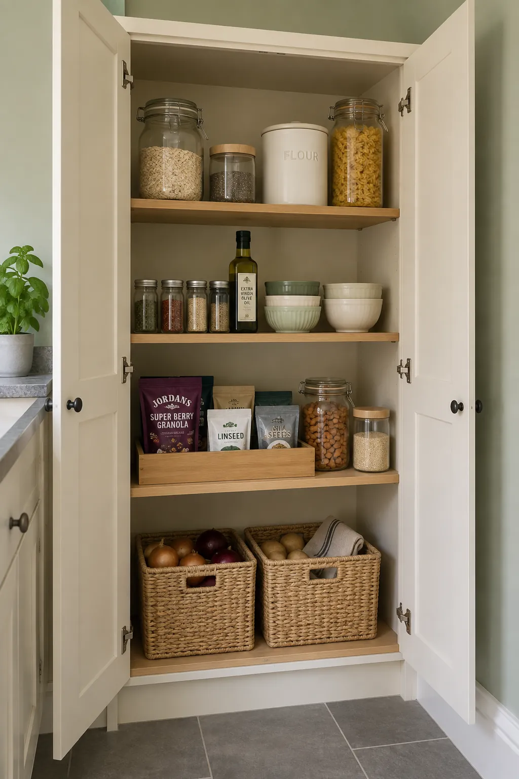 Small pantry shelves with trays, jars and lower storage bins