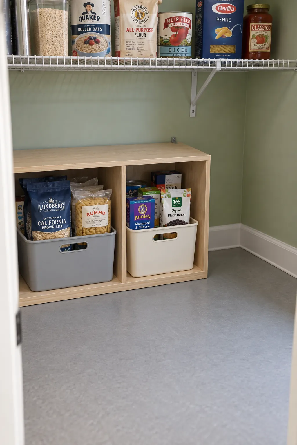 Low pantry shelf with removable bins below existing storage