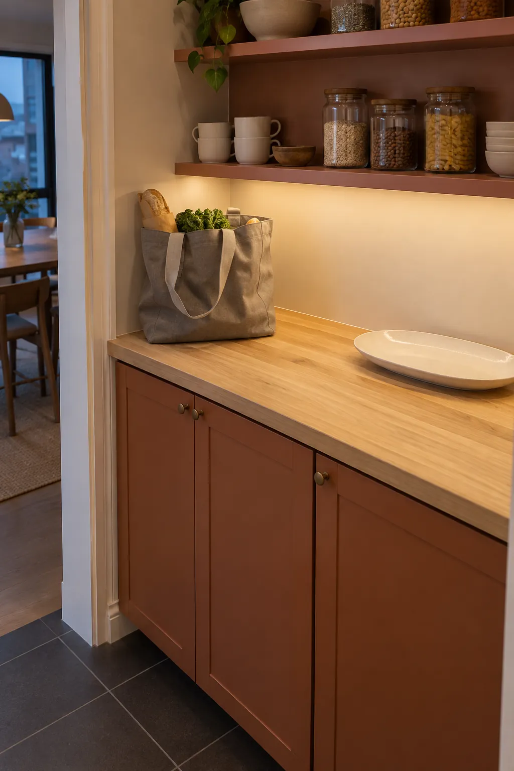 Clear pantry work bay between shelves for unpacking groceries