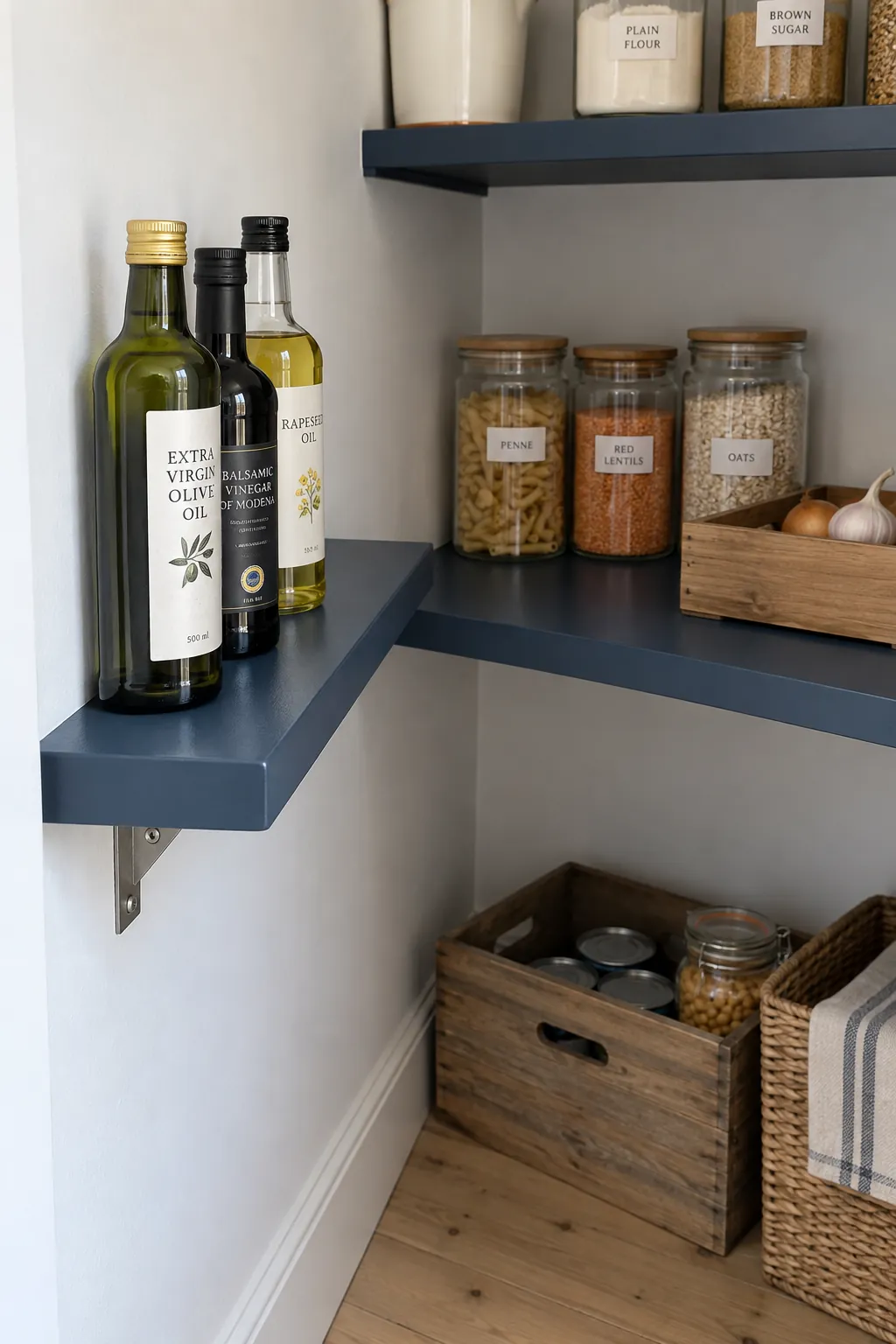 Short pantry return shelf keeping the back corner accessible