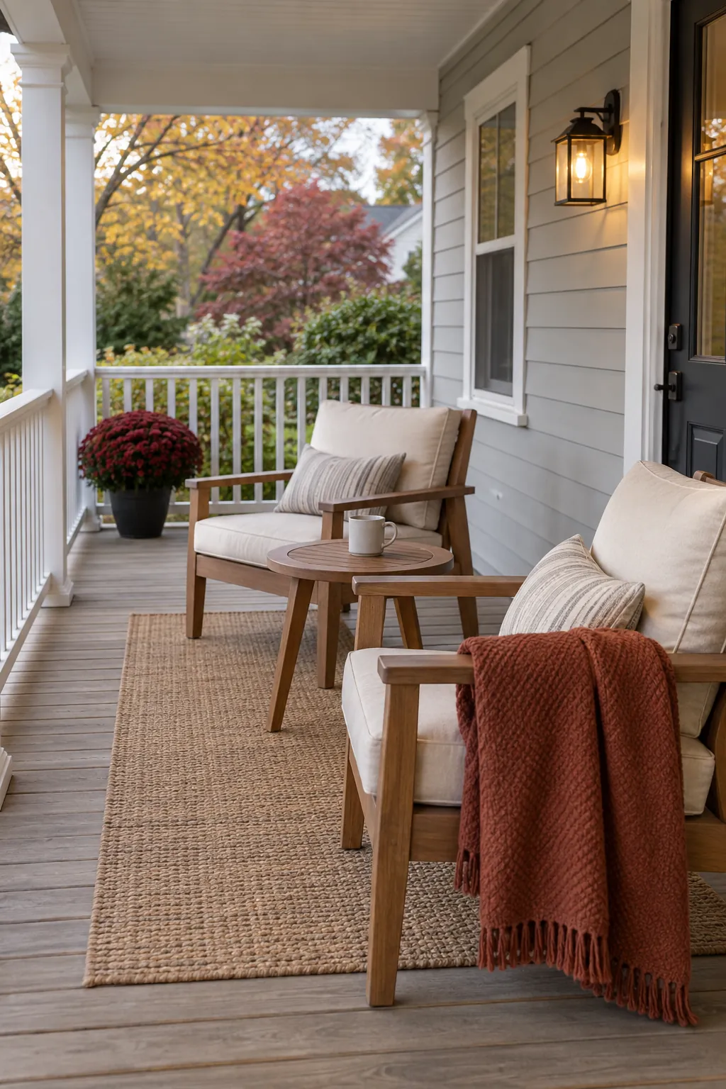 Comfortable chairs and a folded blanket on a sheltered fall porch