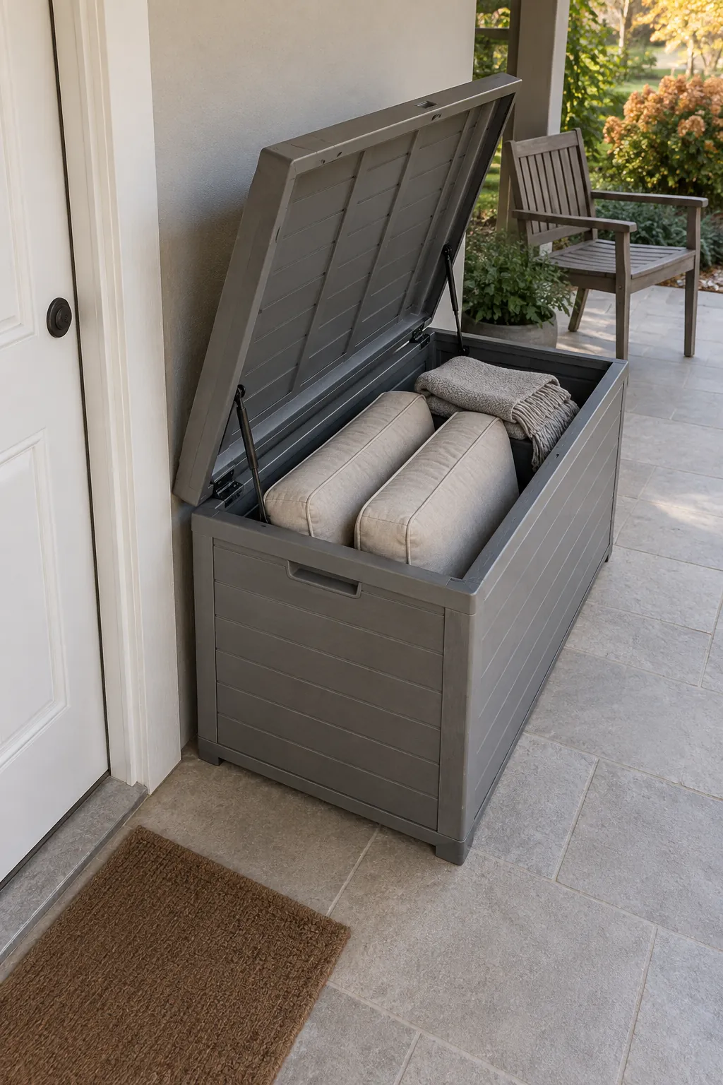 Keep dry storage close to the door on a cozy fall porch