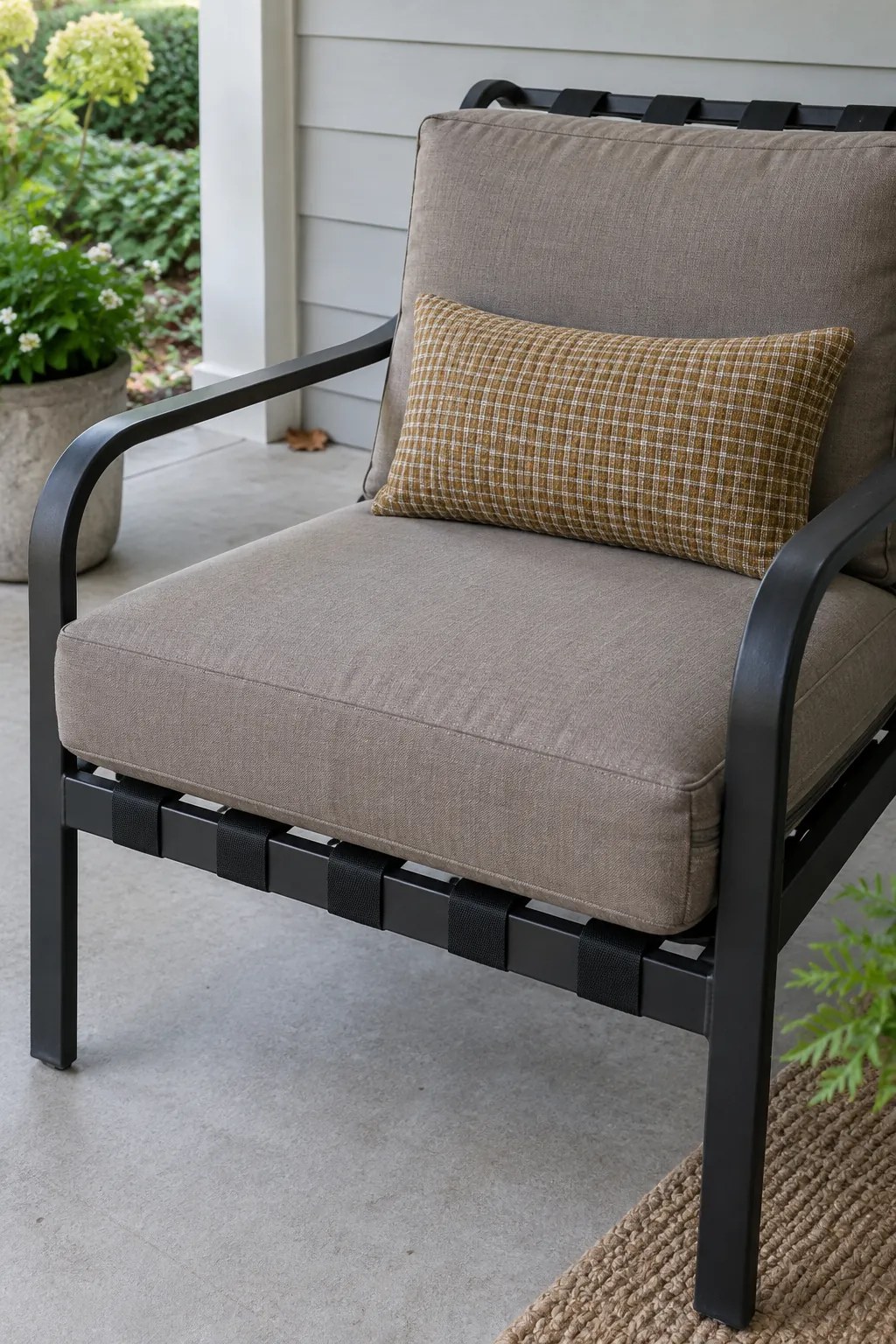Choose fewer cushions with better support on a cozy fall porch