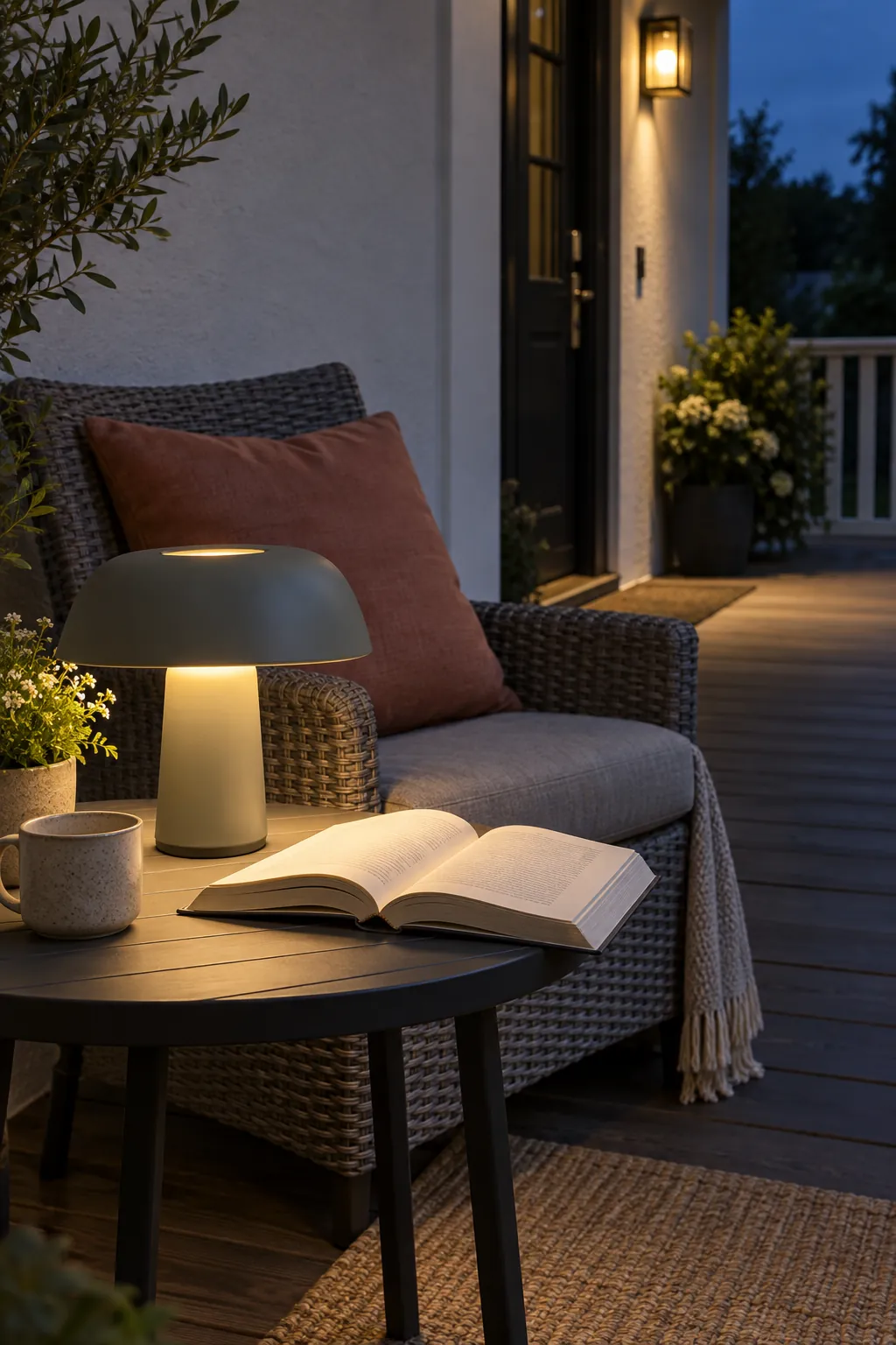 Add gentle light at seated height on a cozy fall porch
