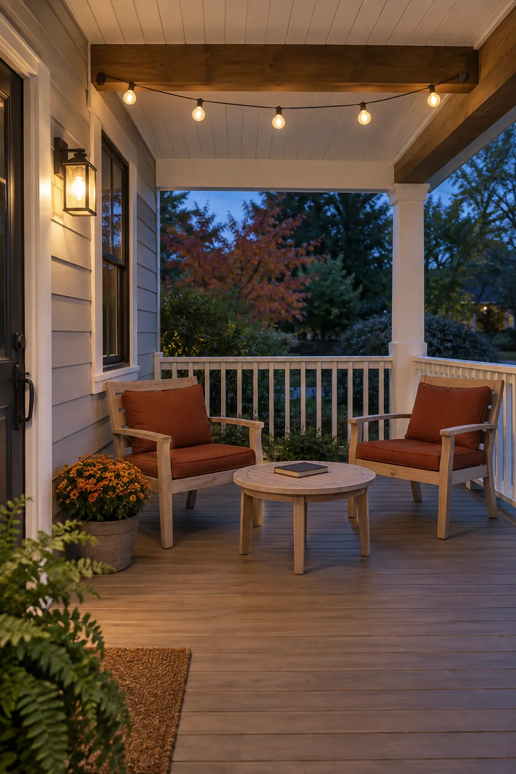 Hang string lights above the seating zone on a cozy fall porch