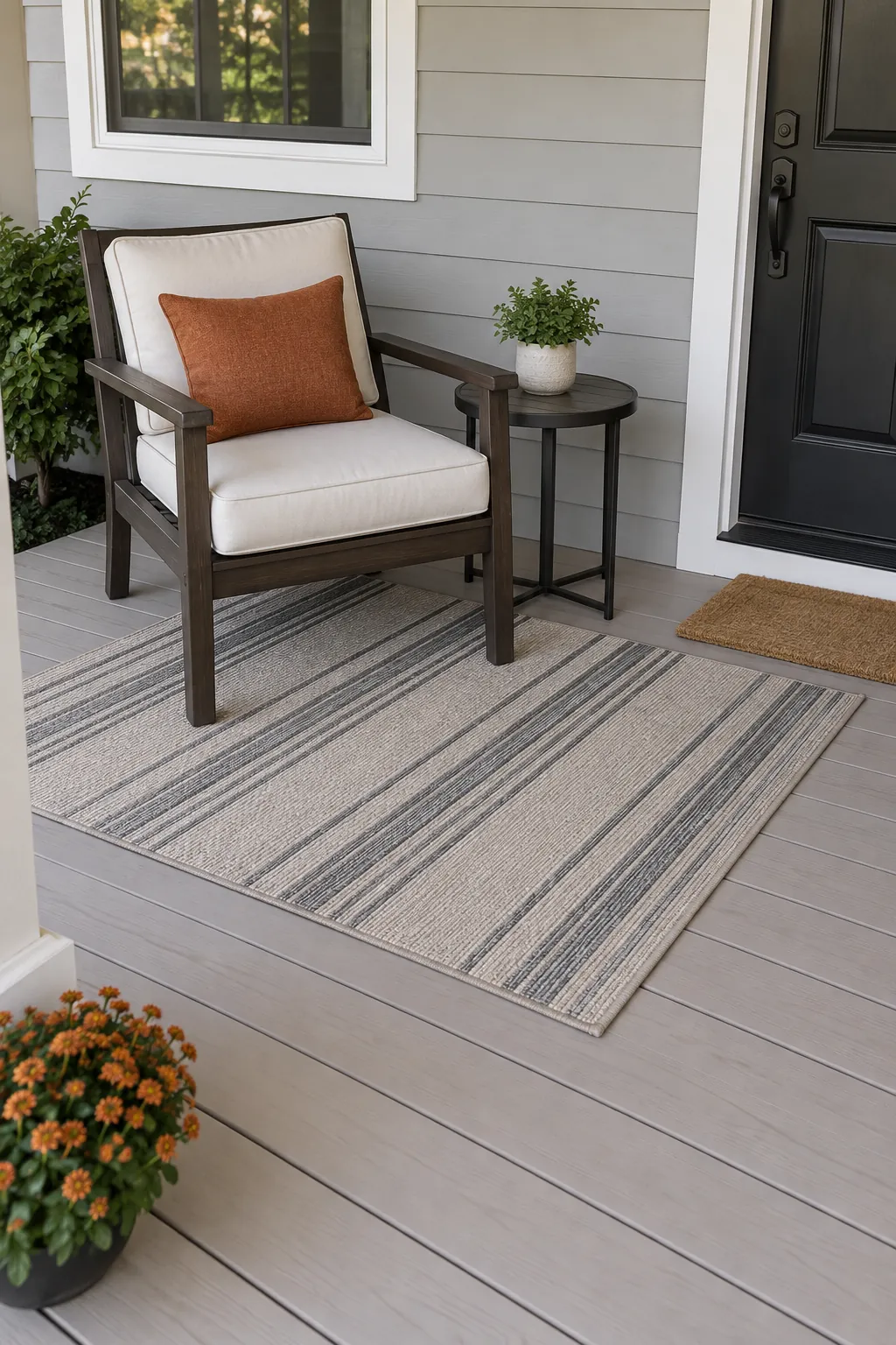 Let a flat outdoor rug mark the sitting area on a cozy fall porch