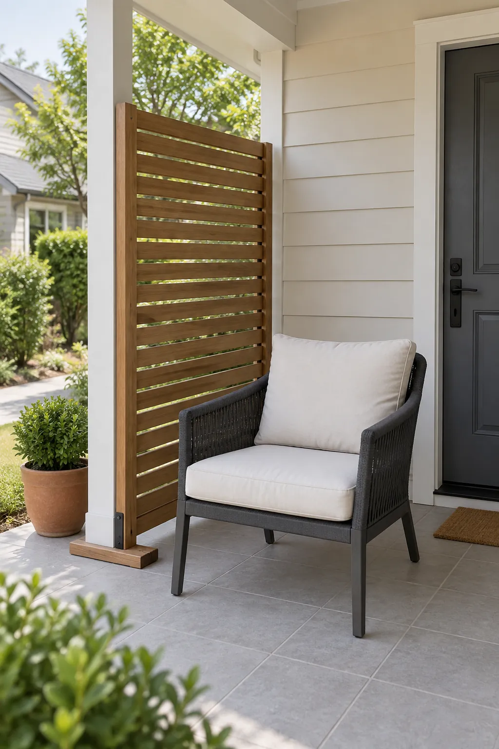 Add privacy with one modest screen on a cozy fall porch