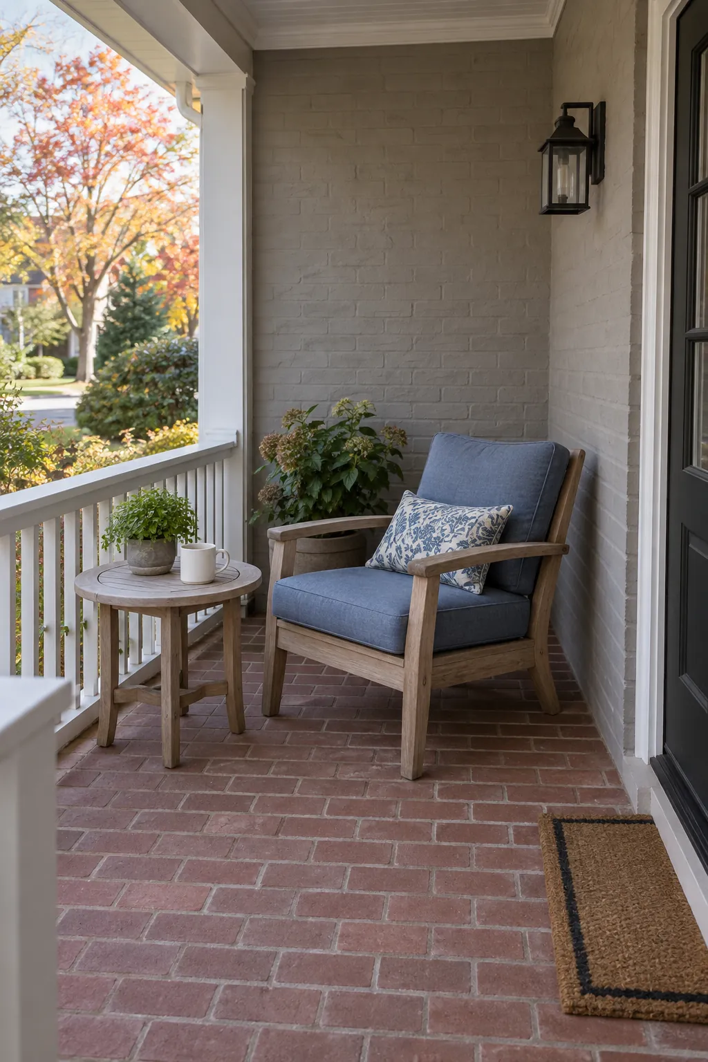 Use the sheltered side of the porch on a cozy fall porch