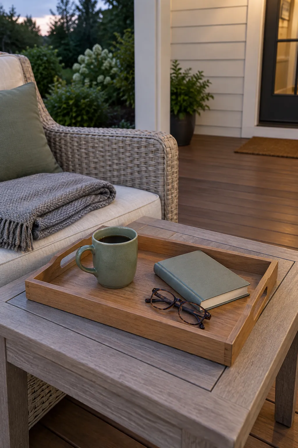 Set up a small evening tray on a cozy fall porch