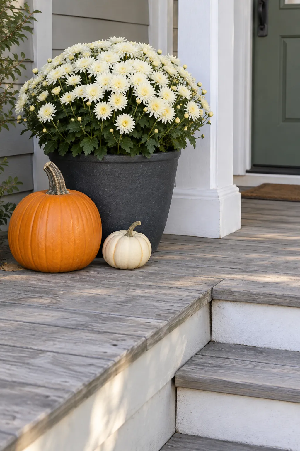 Place the largest pieces before adding smaller ones for mums and pumpkins on porch steps