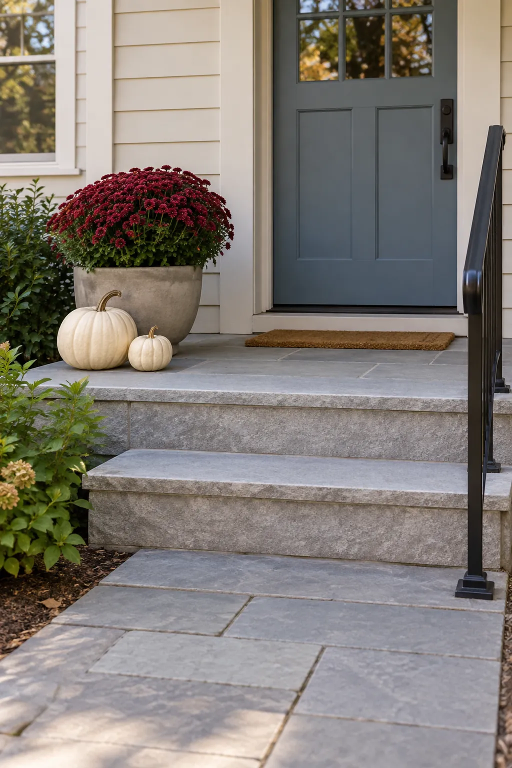 Mums and pale pumpkins grouped beside clear front porch steps