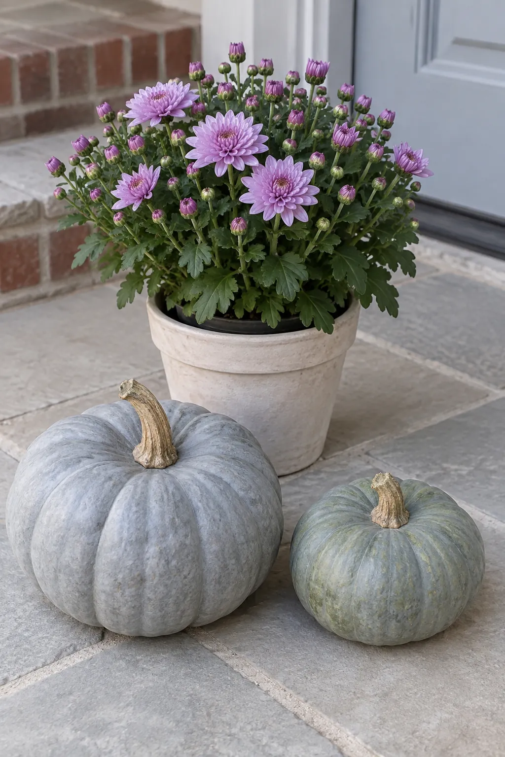Choose a small palette and sound materials for mums and pumpkins on porch steps