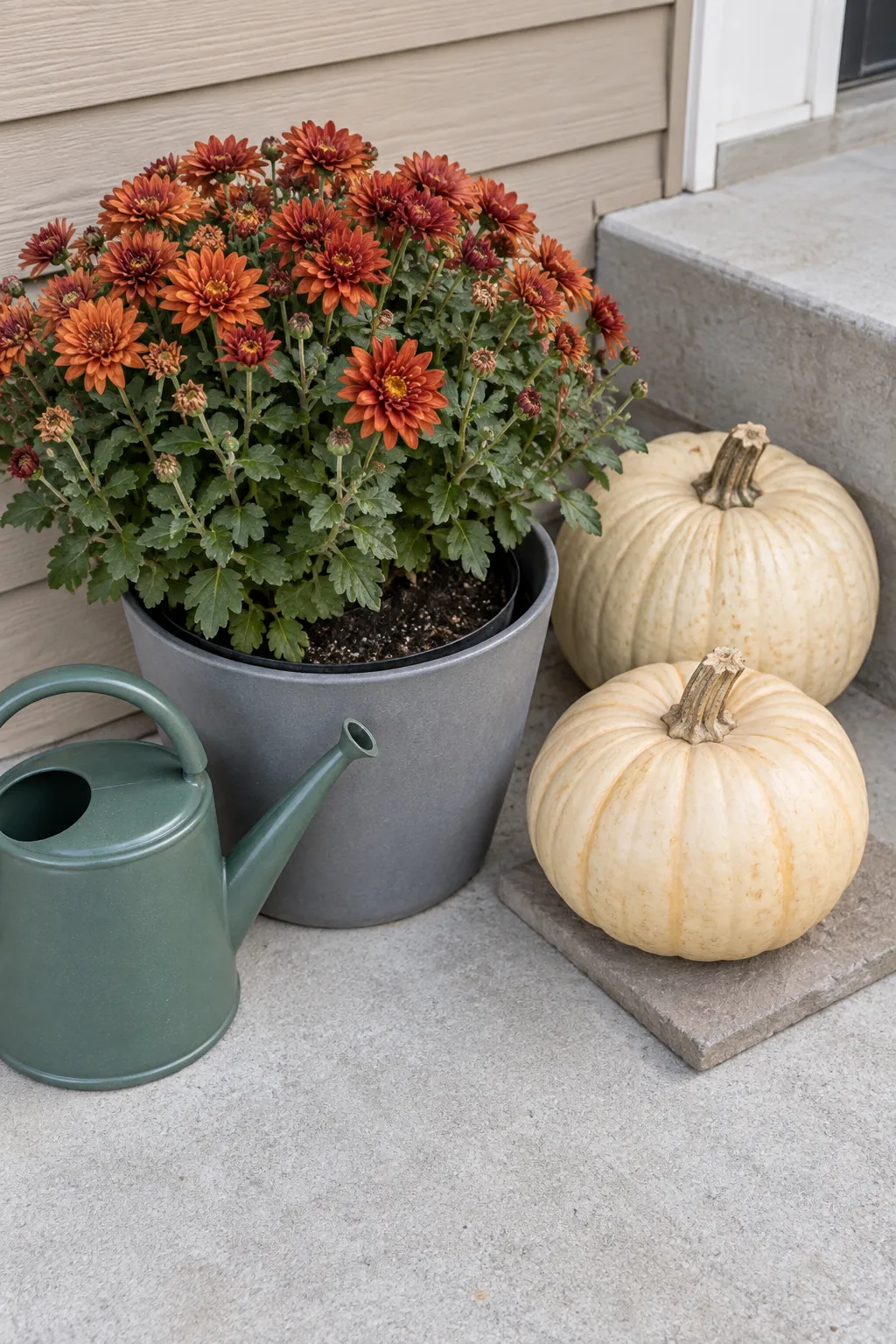 Separate plant watering from pumpkin care for mums and pumpkins on porch steps