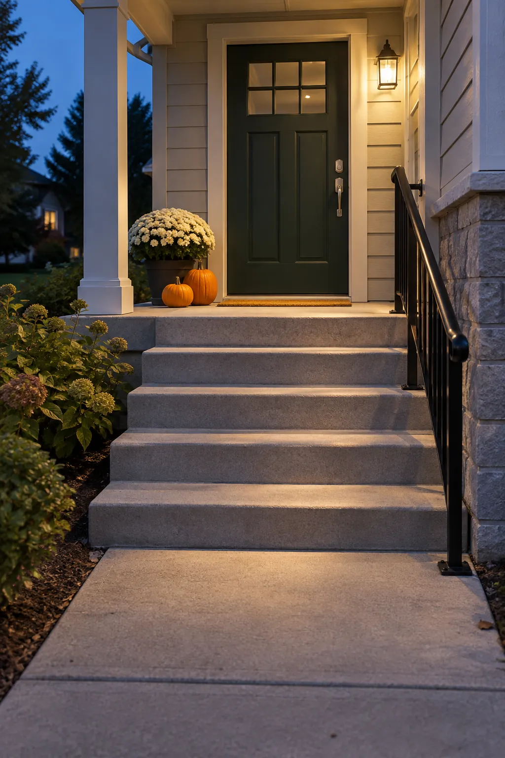 Check the entrance from the path and after dark for mums and pumpkins on porch steps