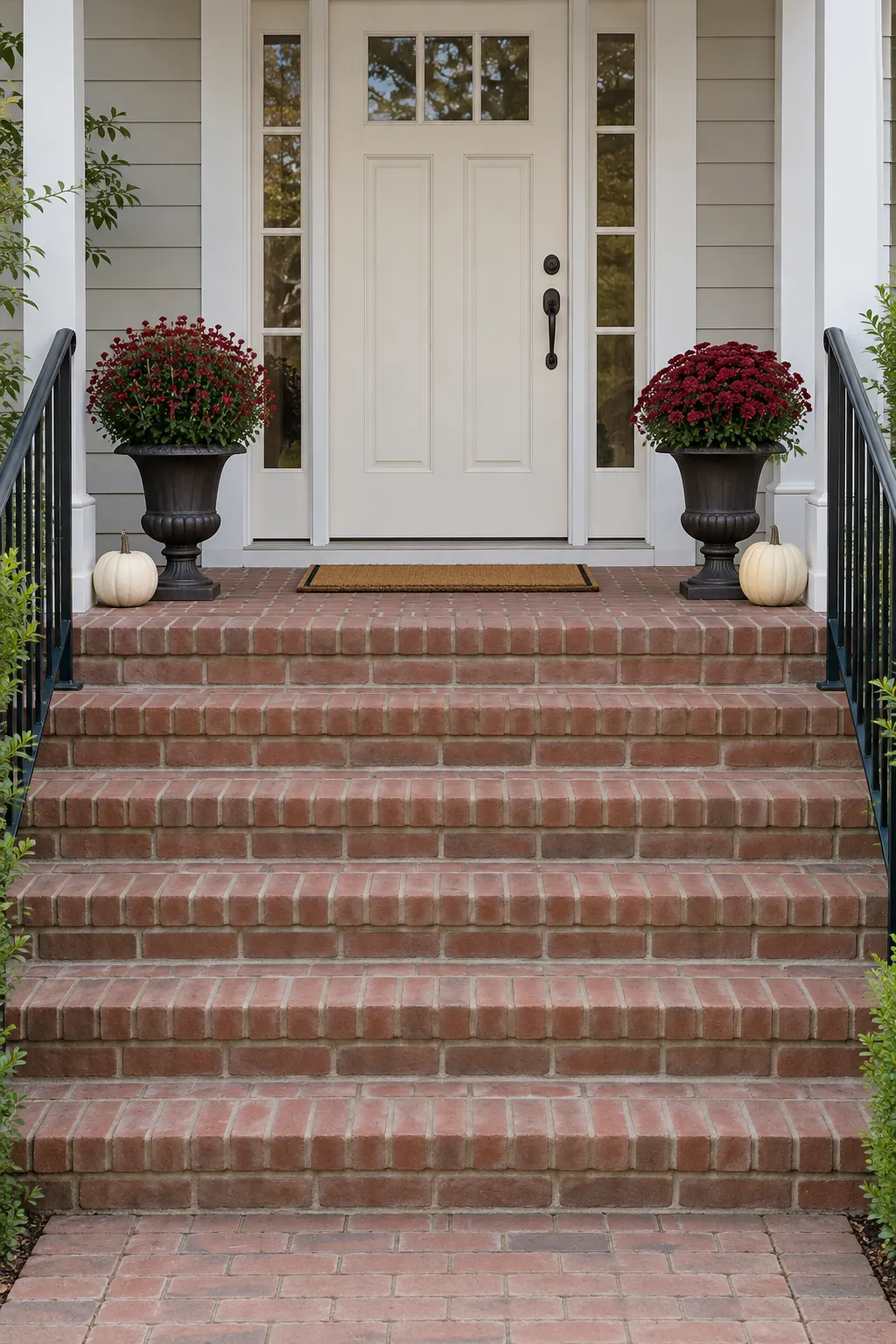 Choose a balanced layout that fits your stairs for mums and pumpkins on porch steps