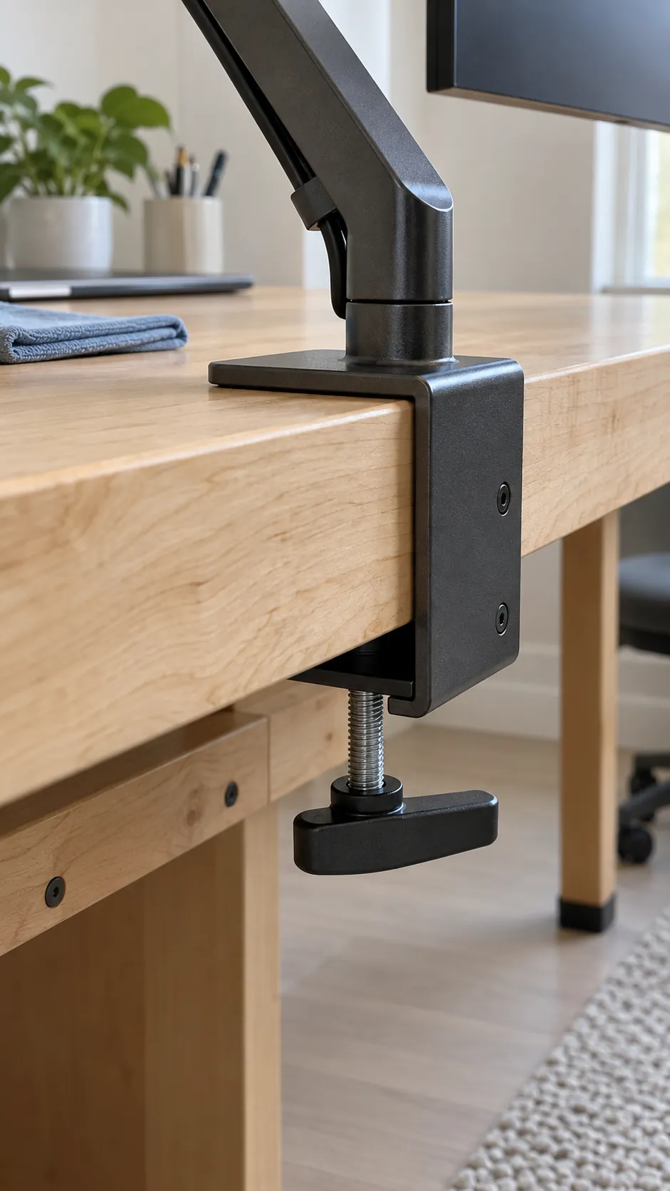Photograph the actual contact between a monitor arm clamp and a substantial wooden desktop, making the reader understand that a secure workstation begins with a suitable desk edge
