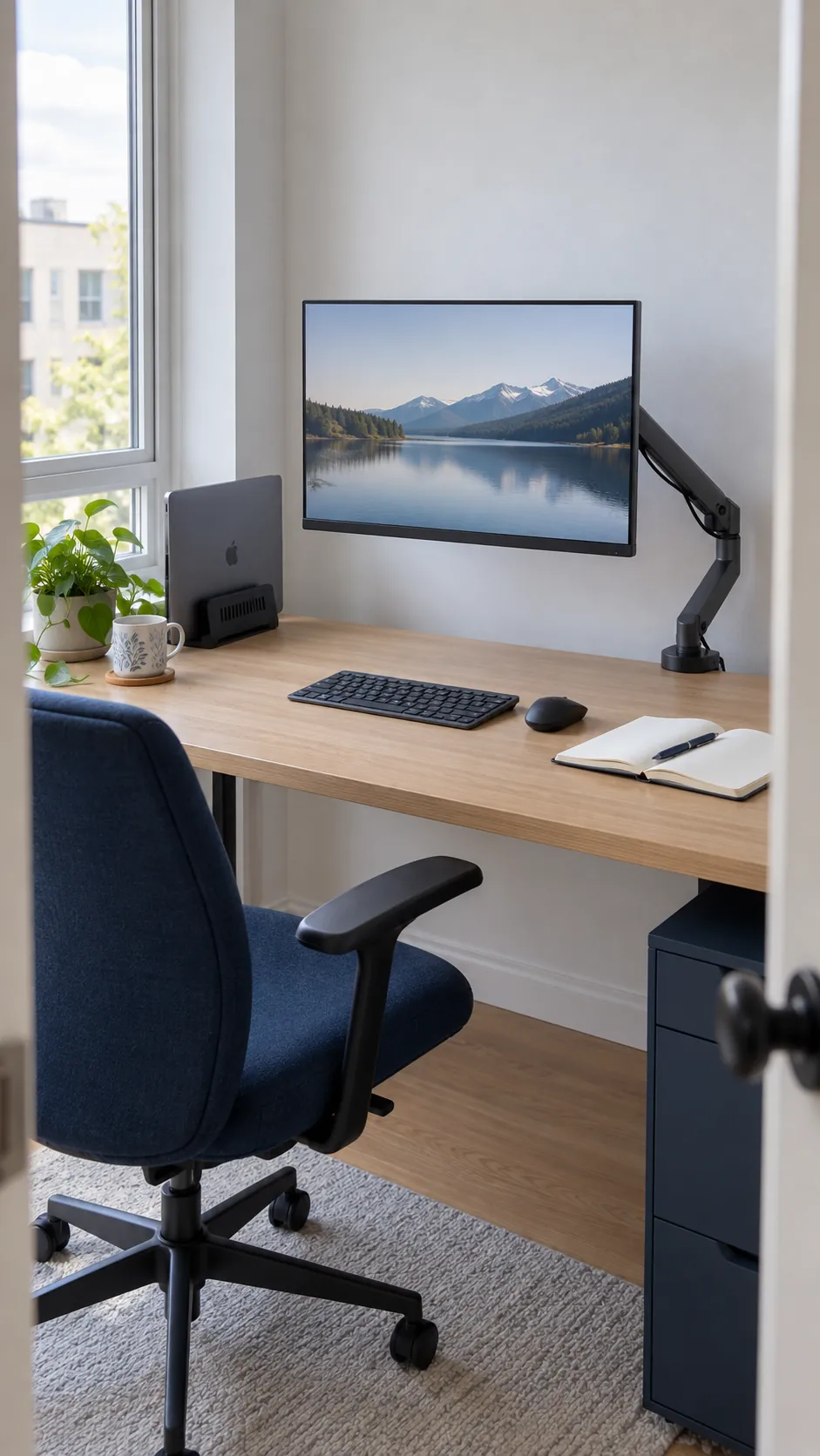 Monitor arm desk setup with a clear notebook area and centered screen