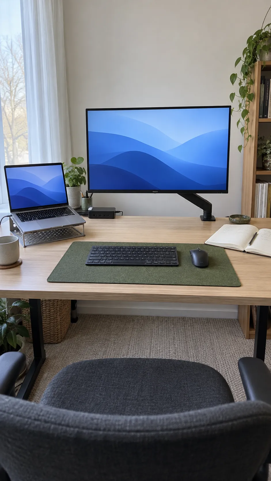 Show a comfortable single monitor and laptop arrangement from the viewpoint of an approaching seated worker