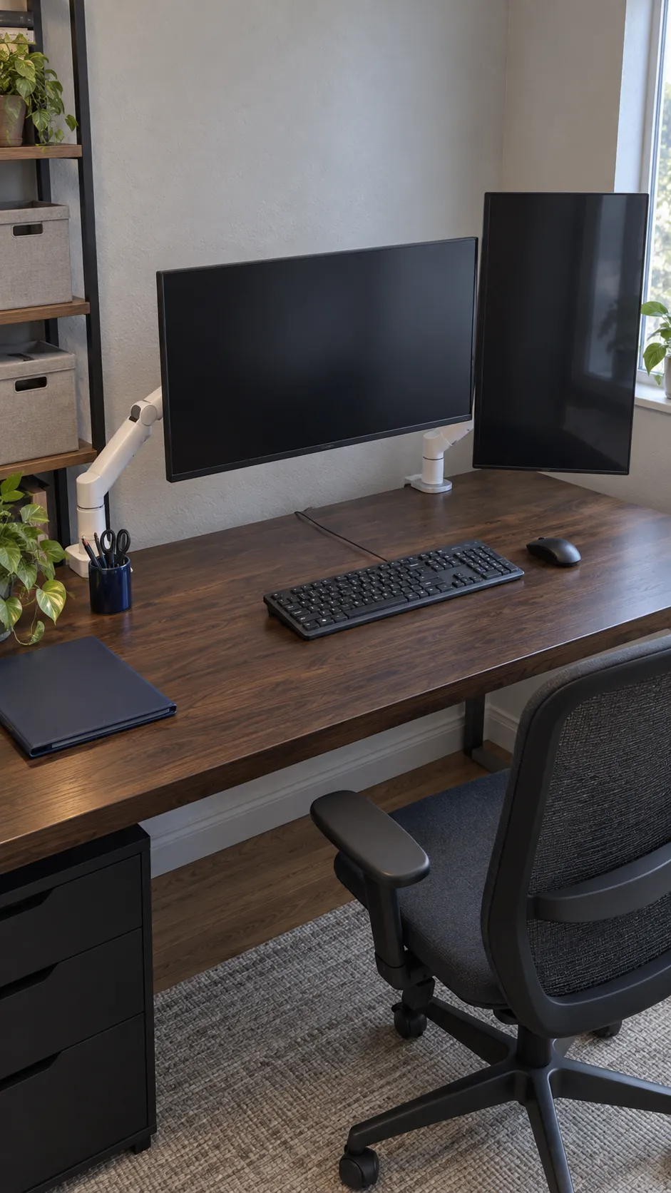 Photograph an asymmetric dual monitor arrangement that makes a primary landscape display and a secondary portrait display easy to distinguish