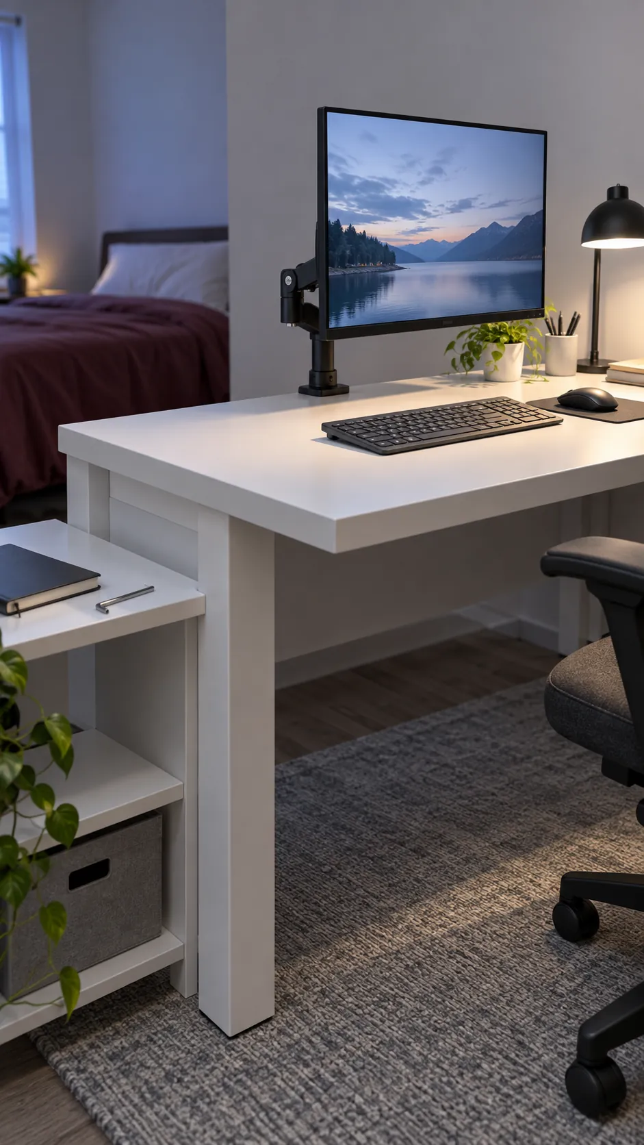 Show a restrained workstation arranged with a short monitor arm extension, illustrating a sensible starting point for diagnosing screen wobble
