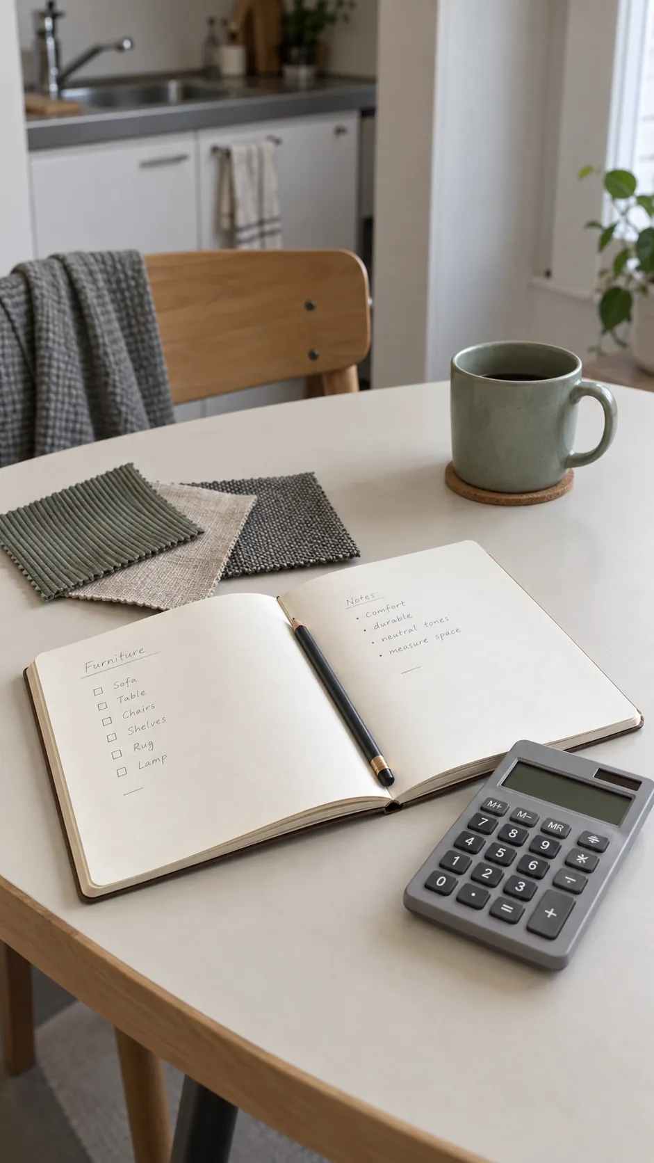 A quiet close photograph of an actual furniture budgeting session on a small apartment table