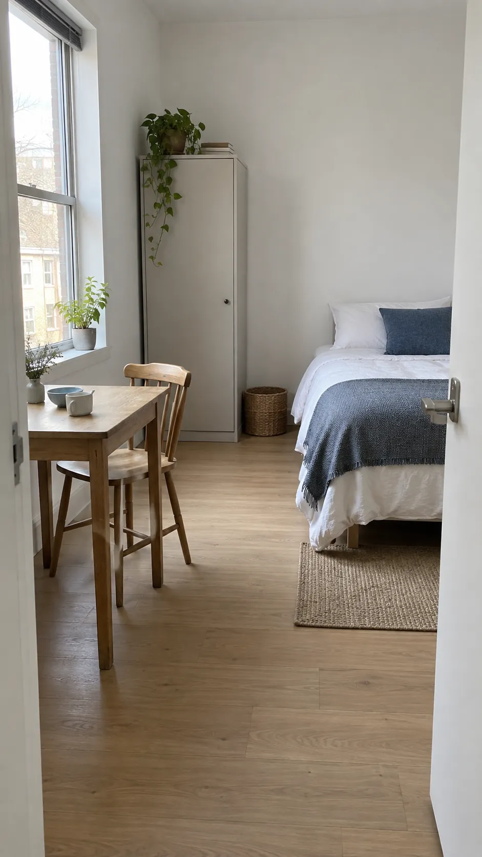 Simply furnished budget studio with a bed and compact dining table